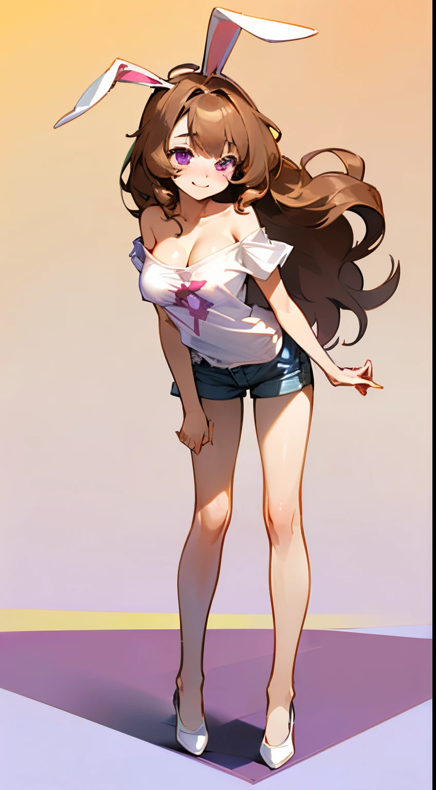 Cute, (1 girl:1.1), Solo, (light brown hair:1.3), Medium Hair, Wavy Hair, Purple eyes, Happy face,Upper Eyes, (Rabbit ears:1.4), (Rabbit tail:1), (White Shoulder T-Shirt:1.6), (Chibi:1.0), (up chest:1.4), (cleavage:1.4), (full body Esbian:1.5), (low angles:1.7),(standing in park:1.5), (pull the hem of a long shirt:1.5), shortpants