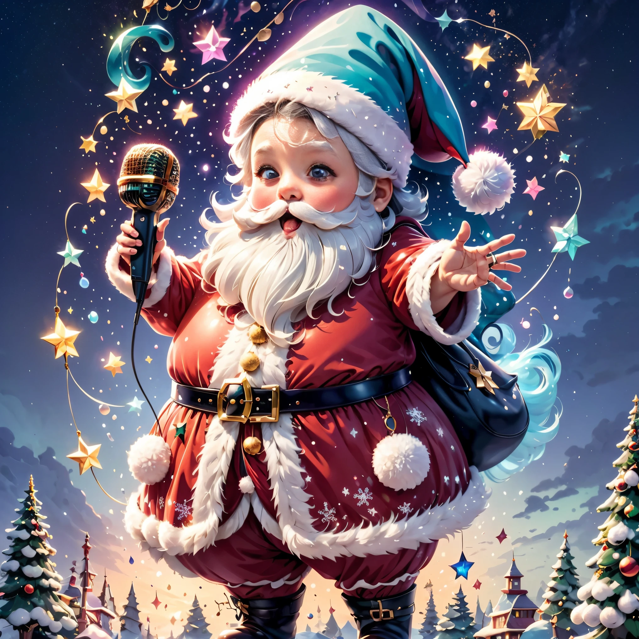 chalk gray style, ((1 glowing magical cute Santa Claus))，((Singing with a microphone)), ((Syllable symbols floating in the air))，Christmas tree，Lantern，pompon，Candy elements，Snowy days，8K, Irridescent color, kawaii, cute big breasts, number art, high qulity, The is very detailed, 3Drenderingof，Bright colorinimalist style，Disney  style