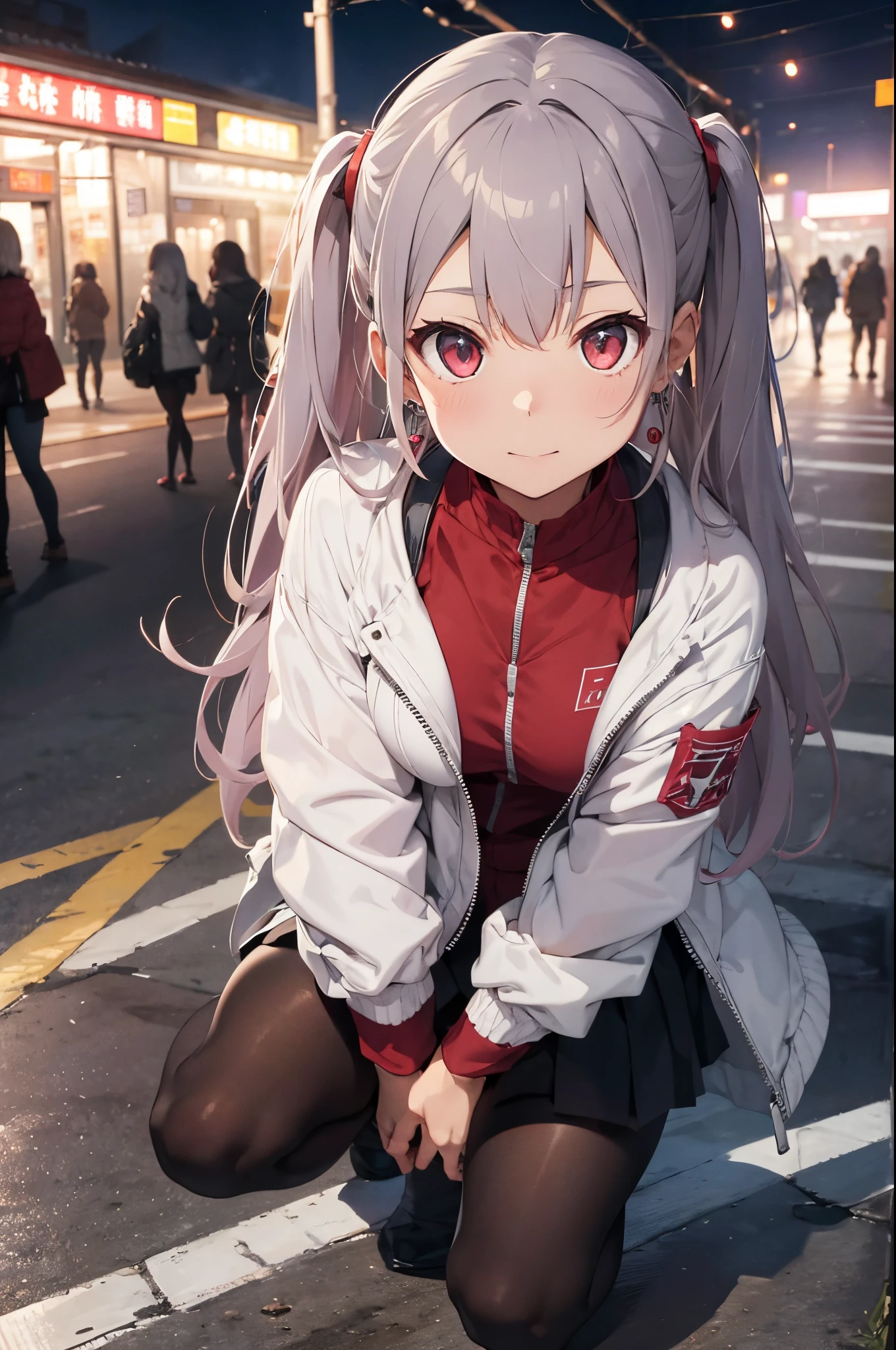 artworks，超高分辨率，8K分辨率，Accurate facial features with depth of field，is a perfect face，girl，the only person，ssmile，Long gray hair，with pink hair，crossed bangs，shairband，bangle，collars，hoop earings，aviator sunglasses bomber jacket，red fire retardant clothing，Over-the-knee boots，Ruffled pantyhose，crouched，facing to audience，eventide，temple，Train station，Fleet Collection，电影灯光