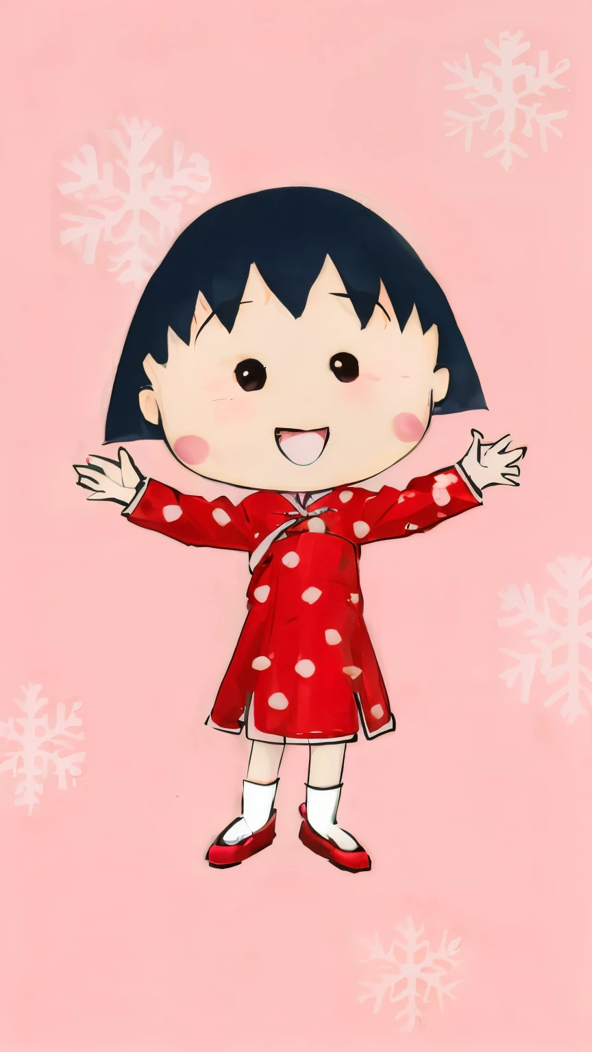 One was wearing a red dress、Girl with snowflakes on pink background, ChineseGirl, Inspired by Ma Yuanyu, Inspired by Yumeji Takehisa, wearing red cheongsam, small loli girl, TRADITIONAL CHINESE COSTUMES, cute kawaii girls, Inspired by Plum Tree, chibi girl, Cute characters, Ruan cute vtuber, Chinese traditional