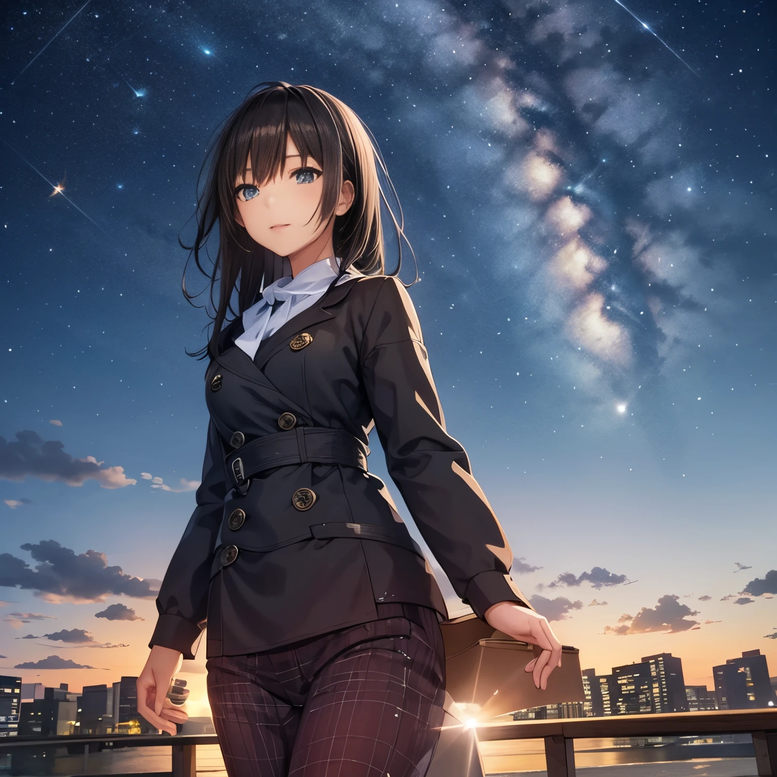 octans, sky, star (sky), scenery, starry sky, night, 1girl, night sky, solo, outdoors, building, cloud, milky way, sitting, tree, long hair, city, silhouette, cityscape