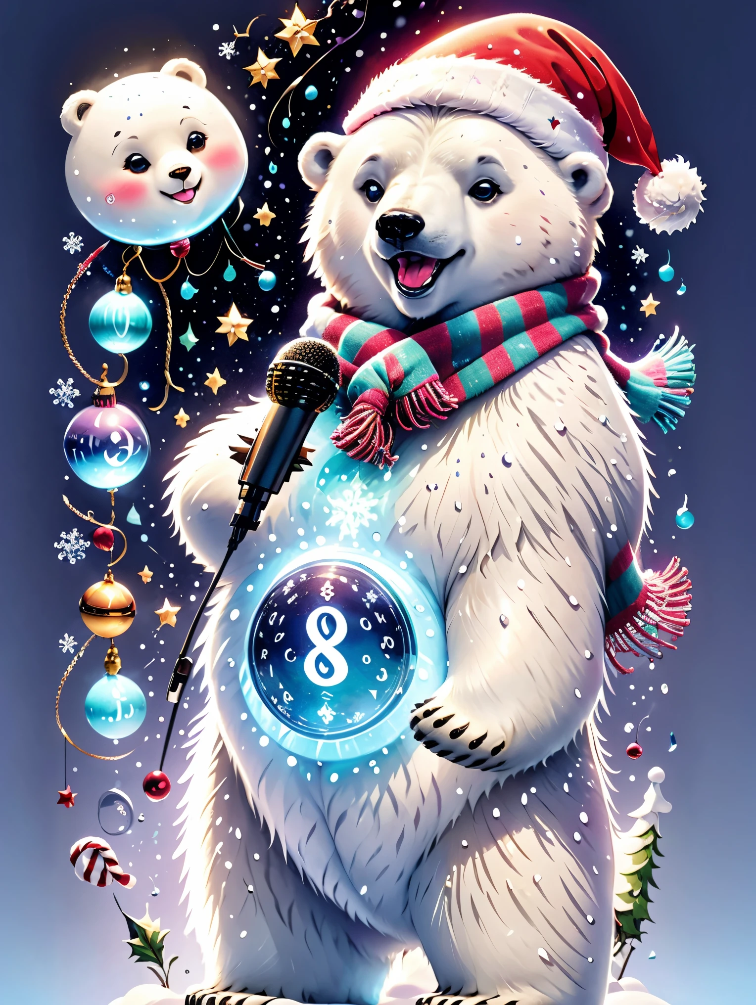 ((1 glowing magical cute polar bear wearing a Christmas hat and scarf))，((Singing with a microphone)), (((Many syllable symbols are floating in the air)))，Christmas elements，Snowy days，8K,Irridescent color, kawaii, cute big breasts, number art, high qulity, The is very detailed, 3Drenderingof，vivd colour，Minimalist style，Disney  style，