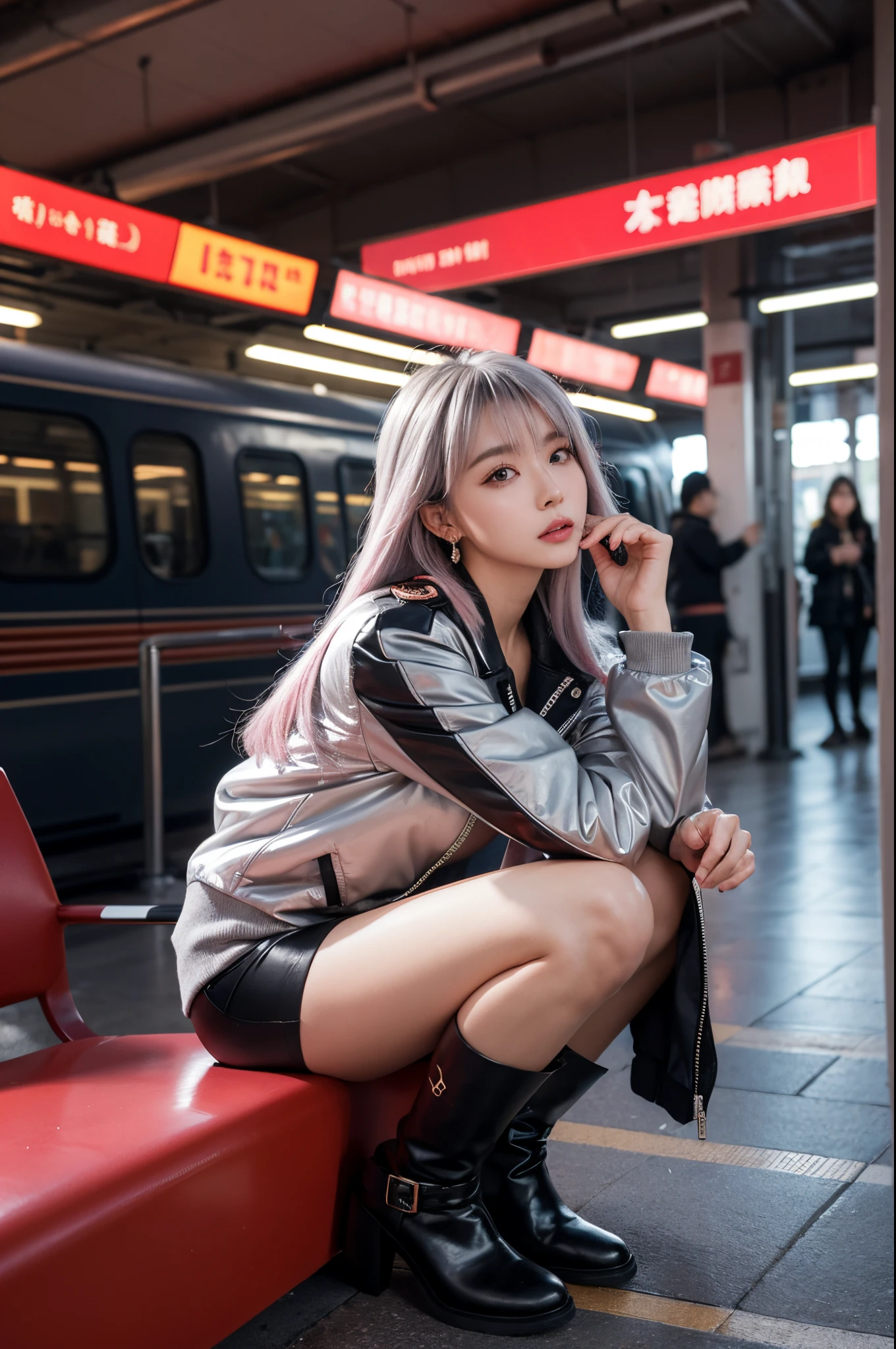 artworks,超高分辨率,8K分辨率,Accurate facial features with depth of field,is a perfect face,girl,the only person,ssmile,Long gray hair,with pink hair,crossed bangs,shairband,bangle,collars,hoop earings,aviator sunglasses bomber jacket,red fire retardant clothing,Over-the-knee boots,Ruffled pantyhose,crouched,facing to audience,eventide,temple,Train station,Fleet Collection,电影灯光