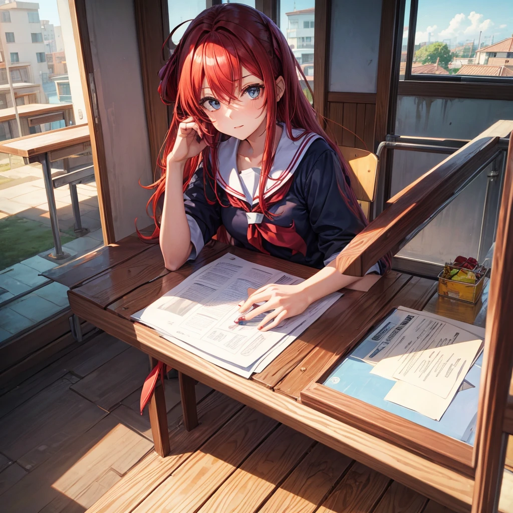 Female, 2D, hair red, school, in hause, sweet