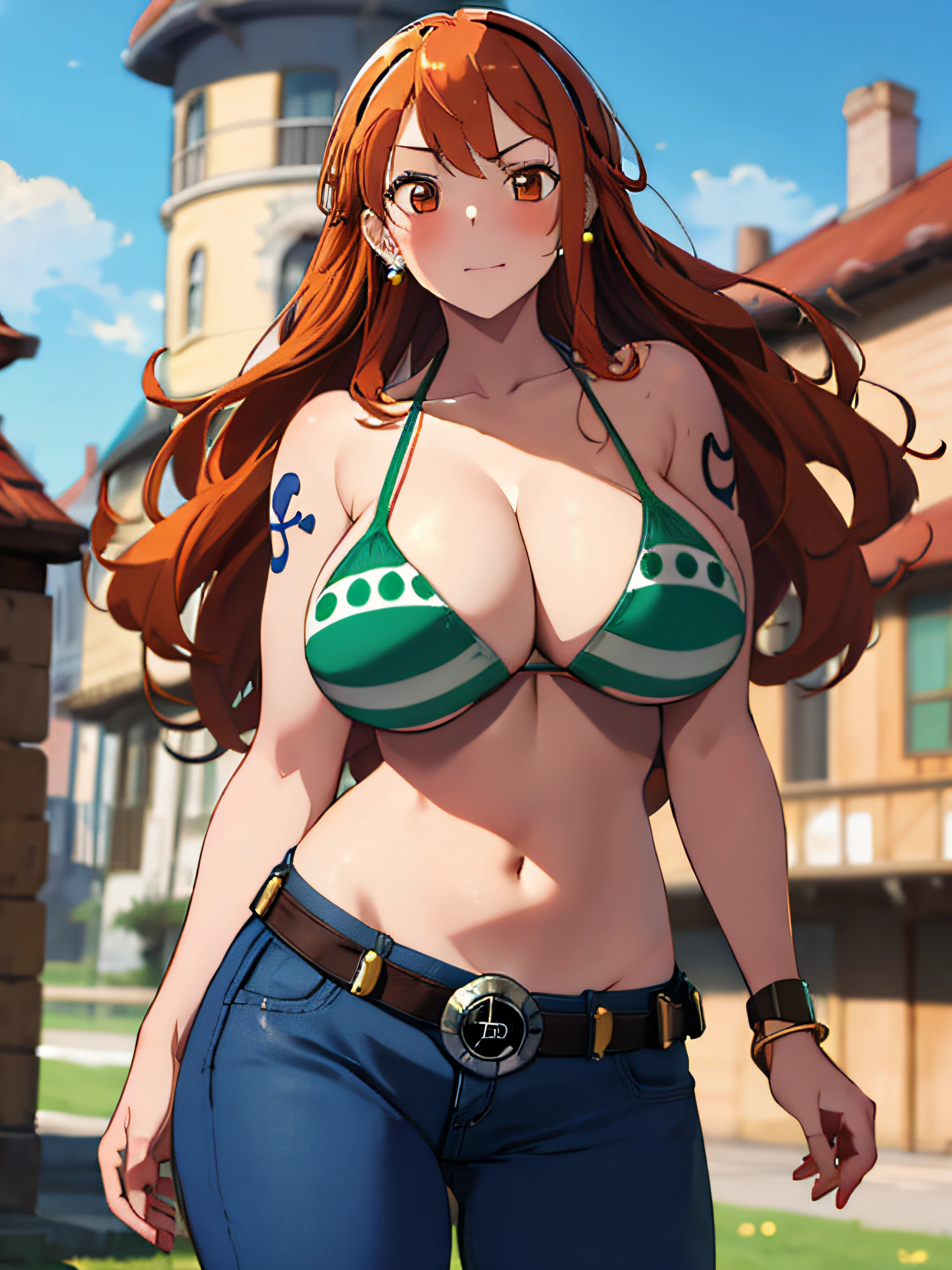 nami \(one piece\), 1girl, bangle, bangs, bare shoulders, belt, bikini, bikini top only, bracelet, (big breasts:1.6), brown eyes, cleavage, denim, earrings, streaght hair, green belt, green bikini, (groin:1.4), jeans, jewelry, (large breasts:1.5), big breast, long hair, looking at own body, navel, orange hair, pants, shoulder tattoo, sidelocks, sky, smile, solo, stomach, swimsuit, tattoo, angry, shy, flusttered, (masterpiece:2)