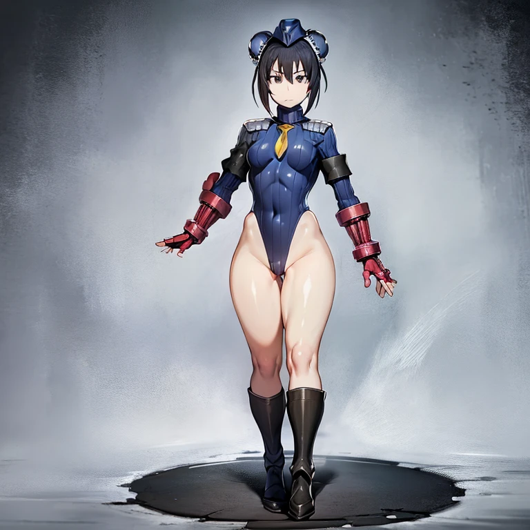 ultra-detailed, Explicit, Beautiful body, Beautiful Nose, Beautiful character design, perfect eyes, perfect face, ultra highres, 4K, beautiful legs, perfect legs, Nice hands, Perfect hand, Masterpiece, Best Quality, Highly detailed, illustration, absurdres, street fighter, doll suit, shadaloo doll, dollsuit, girls, multiple girls, expressionless, blank eyes, looking at viewer, red gloves, emotionless, black latex, corrution, mind control, female combatant, full body, hypnotized, unhappy trance, full body suit, ribbed bodysuit, both arms at side, stand up straight, obey, perfect female body, extremely glossy latex, hypnosis, hypnoLora, empty eyes, Mind control device, poses, brainwashed, submissive_pose, Slave, hat, necktie, stand up straight, standing, standing at attention, belt, extending the right arm from the shoulder into the air with a straightened hand, nazi saluting, military, military saluting, salute, right hand saluting, left hand at side, latex, ribbed bodysuit, garter belt, Qin Liangyu
double bun, bun cover, sidelocks, bodysuit, chinese clothes, fingerless gloves, arm guards, white cape, cloud print, thighhighs, hands on hips