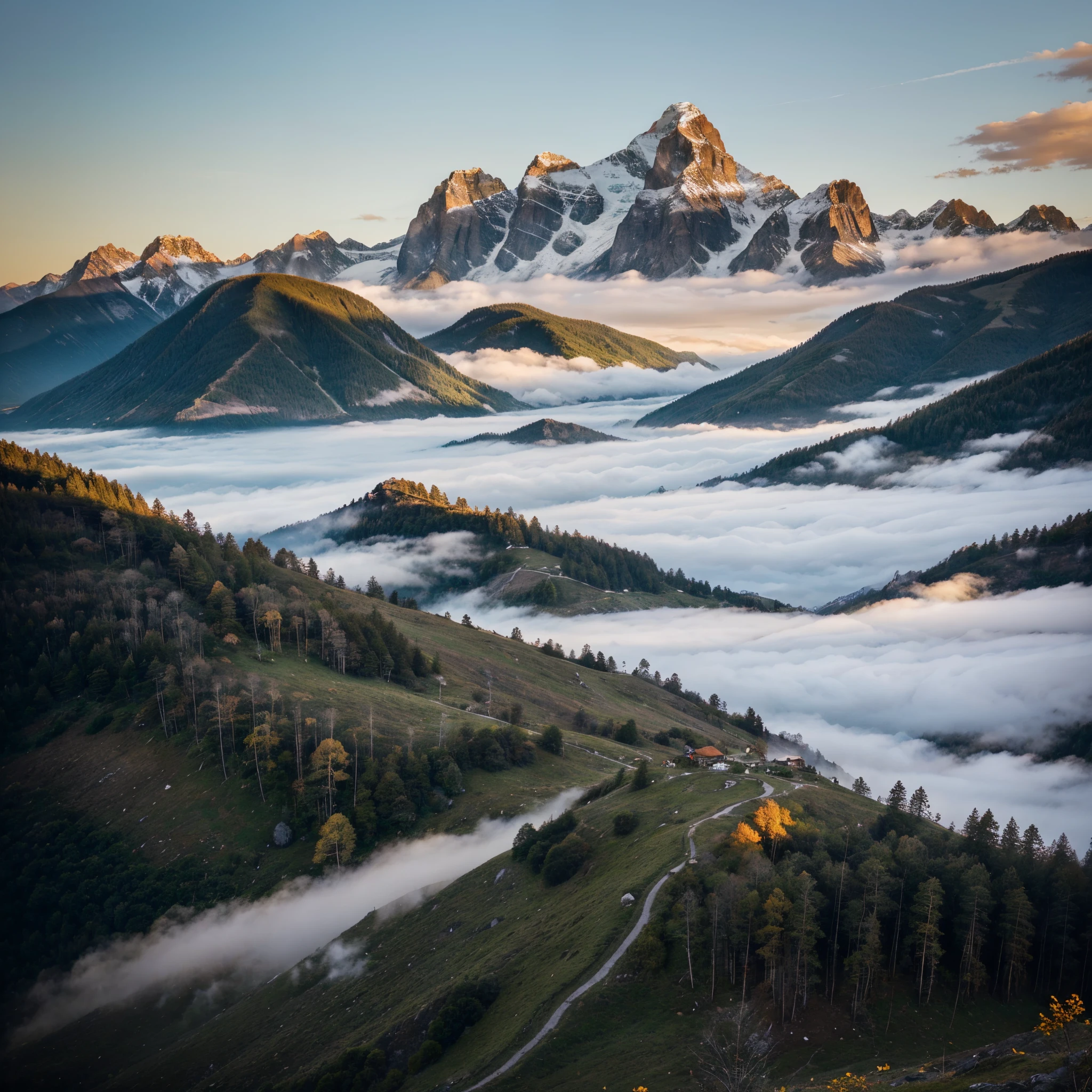 A breathtaking mountain landscape unfolds before our eyes as the sun casts a warm, golden glow across the sky. The majestic peaks rise proudly, adorned with a gentle morning mist that caresses the lush forests below. The horizon is painted in hues of orange and red, creating a mesmerizing sunset. This vivid image, whether it be a painting or a photograph, captures the serene beauty of nature at its finest. Every detail is meticulously captured, from the wispy clouds that dance lazily in the sky to the vibrant colors that ignite the scene. The high quality of this image allows viewers to immerse themselves in the tranquil ambiance of this picturesque valley, evoking a sense of awe and wonder at the ephemeral beauty of a dawn or evening in the mountains.