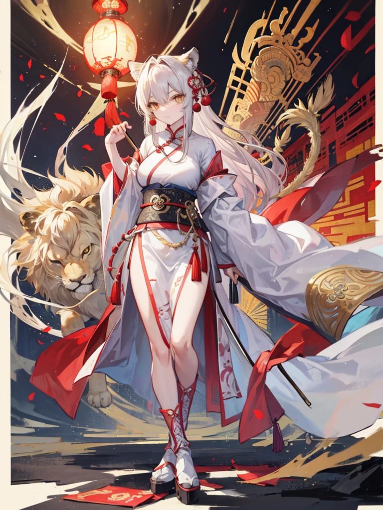 a lion,youkai,Clear face,lion ears,wearing ancient Chinese costume,boots,holding a machete,Walk upright
