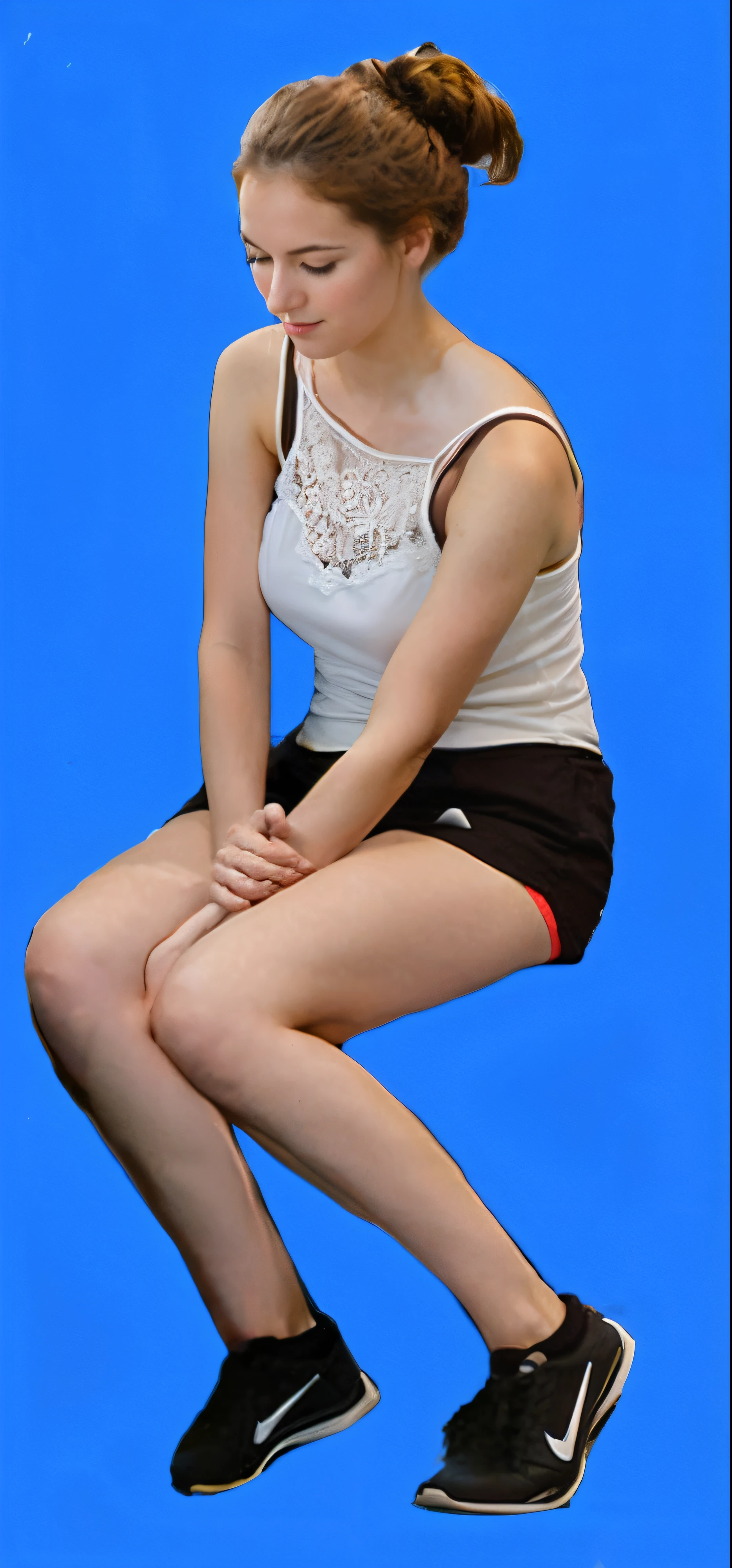 Arafad woman sitting cross-legged on chair, Sit Pose, sitting cross-legged, Strike a dynamic pose, squatting pose, sit down with your knees bent, Sit Pose, Casual pose, Portrait pose,