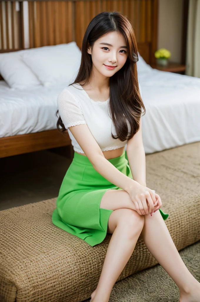 (8K、Raw photography、Top image quality、masterpiece:1.3)、(realisitic、Photorealsitic:1.3)、1girl in、(cute little:1.3)、(small tits:1.3)、(sunlights)、(sunlights)、(Sheer sunlight)、Suny、(Look at viewers:1.3)、Wavy long hair、(耳环)、Mouth closed、ulzzang -6500-v1.1:0.5 Green Wool Skirt、There is a woman sitting on the ground next to the bed, young and cute girl, 2 female model, cute young woman, Gorgeous young Korean woman, Good young girl, Beautiful Asian Girl, gorgeous chinese model, Korean Girl, a cute young girl, cute young woman, pretty face with arms and legs, sakimichan, Cute Girl