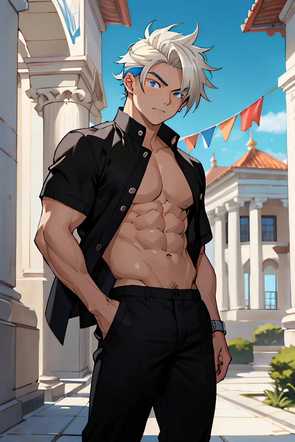 (Obra maestra, La mejor calidad), Greek garden with columns.: 1.2, Brazos a los lados, handsome boy, Cara de adolescente, adolescente, Edad joven: 1.2. () Cara corta y redonda, Flat chin, adolescencia, Aesthetic body (good anatomy), lean muscles, He is a 16 year old with an athletic build. Tiene el cabello ondulado de Color negro azabache con dos mechones de cabello a cada lado de la cara.. ((disinterested expression)) el tiene luz, slightly pale skin, Cara atractiva. Ojos azul cielo. cabello brillante, he keeps his eyes wide open, Colores brillantes, Bright and vivid, (Profundidad de campos: 1.2), Audiencia positiva, Mirando al espectador. Lleva una camisa blanca abierta., (pecho desnudo) (ABS cincelados, pantalon pectoral firme. (Ropa cara). verano. eBlue eyeare en topless, Parte superior del cuerpo, (luz fluorescente), (Color) 3K, 8k.