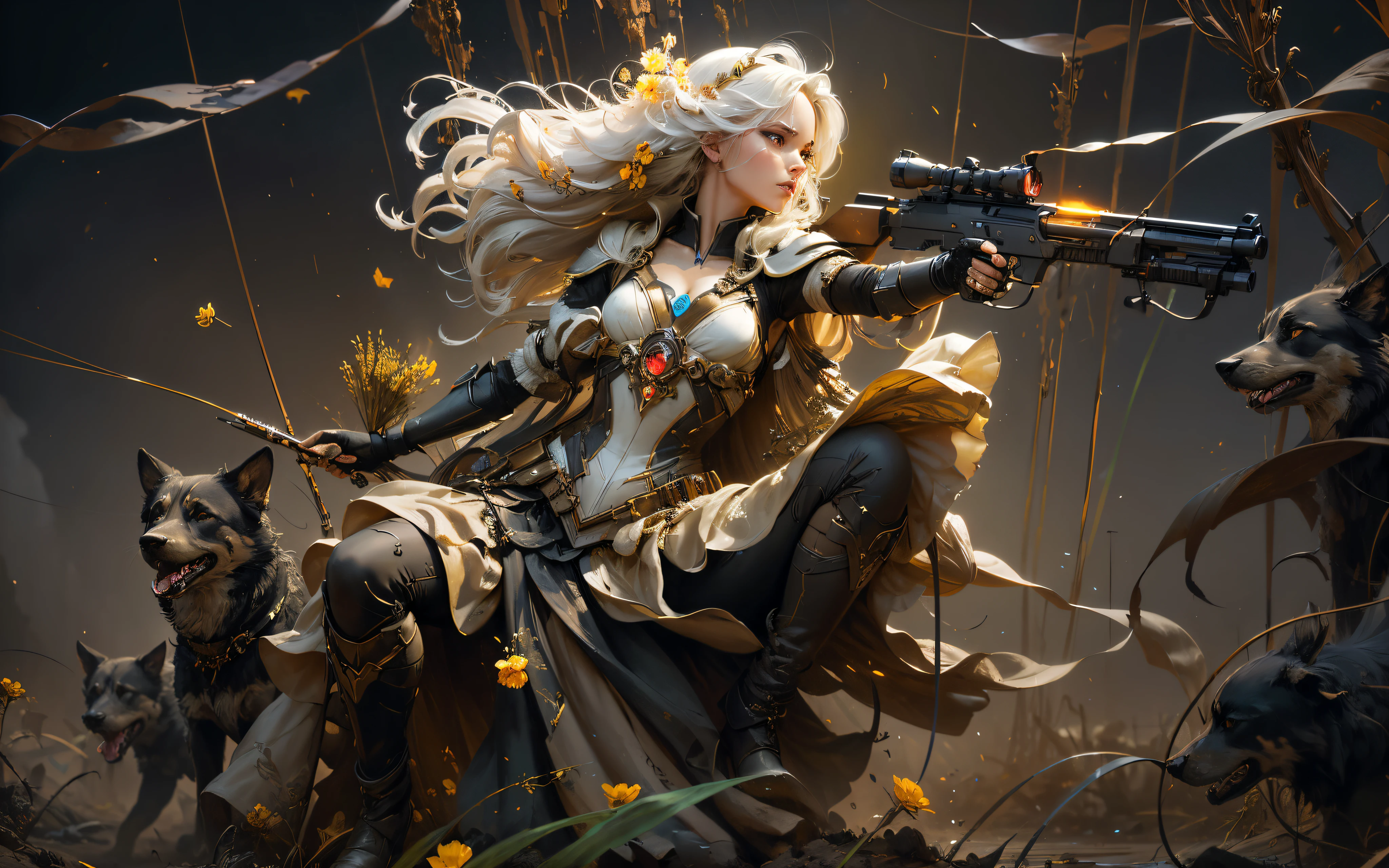 ((gorgeous princess)), (with long flowing white hair), (bright and beautiful eyes), (side profile), trend on art station, flower of hope by Jean-Honor Fragonard, Peter mohrbacher, super Detailed, crazy detail, stunning, intricate, elite, art nouveau, ornate, liquid wax, elegant, luxurious, Greg Rutkowski, ink style, sticker, vector art beautiful character design, double exposure shot, luminous design, winning entry, masterpiece, amoled black background, Woman fighting technologic suppression in seemingly pristine dystopian future, dressed in rags skins, mud and camouflage, outskirts of a highly technological programmed industrial city, eluding and killing rabid biologically modified killer cybernetic tracking dogs, dynamic bloody flighting scene, hyperdetailed, vast open atomic wasteland countryside, weeds and strange dead straw-like plant-life, photorealistic, ravager art style, 36k resolution, kodak film grain, in the style of Michael Kerbow, A warning to the future.,Masterpiece,perfecteyes,more detail XL Negative Prompt
