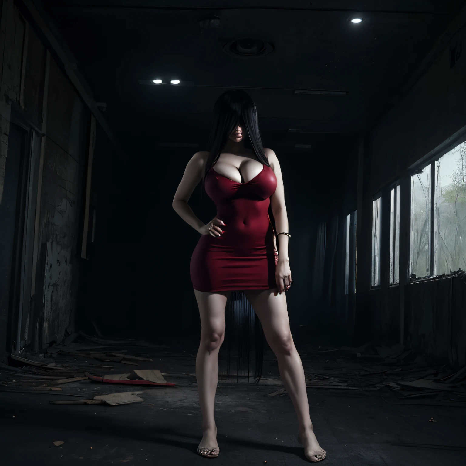 (masterpiece:1.1, Best Quality:1.1, 16K HDR, High resolution), (1girl in, Solo), Ultra-realistic portrait of Sadako Yamamura, the ring, Black hair, Long hair, (((Super long bangs, both eyes are hidden because of super long bangs, super long bangs over eyes))), large boobs, Large cleavage, Large breasts, large tits, in the abandoned building, dark atmosphere, Realistic skin texture, (Perfect slim body style, Red dress, Bare foots, no shoes), just standing,