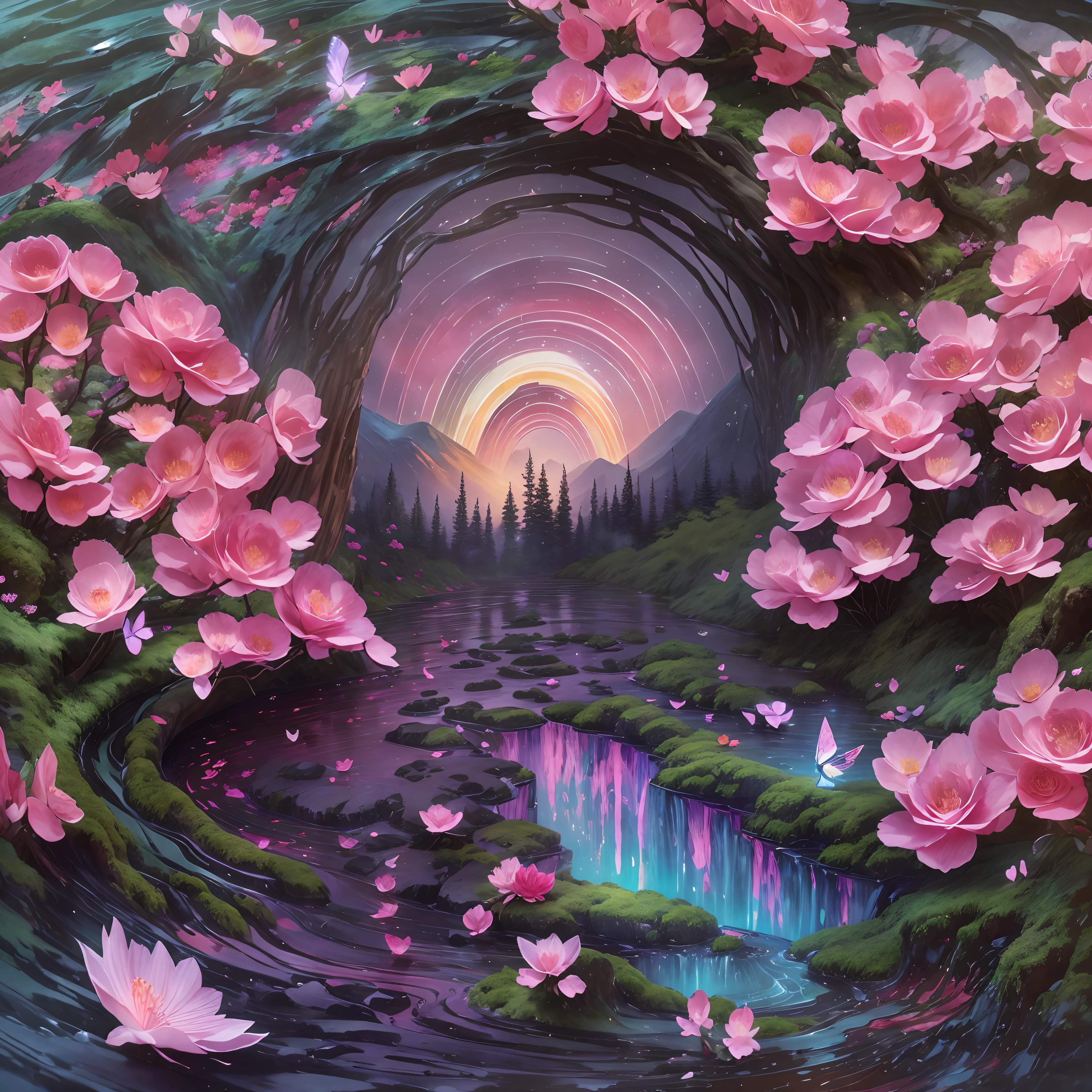 On an obsidian slab,(Paper carving):Rose garden，rainbow in the sky，(depth of fields)，Light，Mist，log cabin,the cherry trees，Ethereal atmosphere,Vibrant colors,cinematic compositions，dream magical，hoang lap，Particle effect，diffused reflections，(mont)，waterfallr，butterfliesdancing,Dreamy and whimsical,(landscape painting).