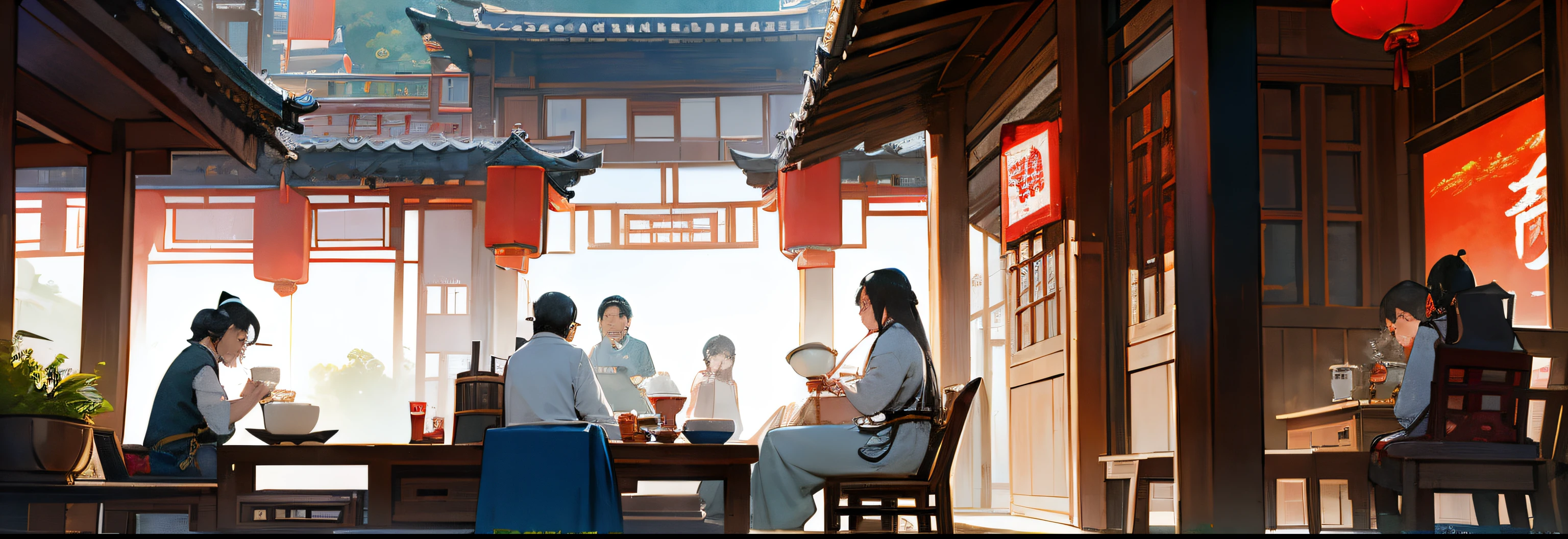 The teahouse is located at ,free time,Let's drink tea slowly,A person who pours tea with a long spout,zhouzhuang ancient town, Dream Chinatown, chinese artist, screenshots from movies,ultra real photo,high detal,8K分辨率,filmposter, Chinese heritage, atmosphere