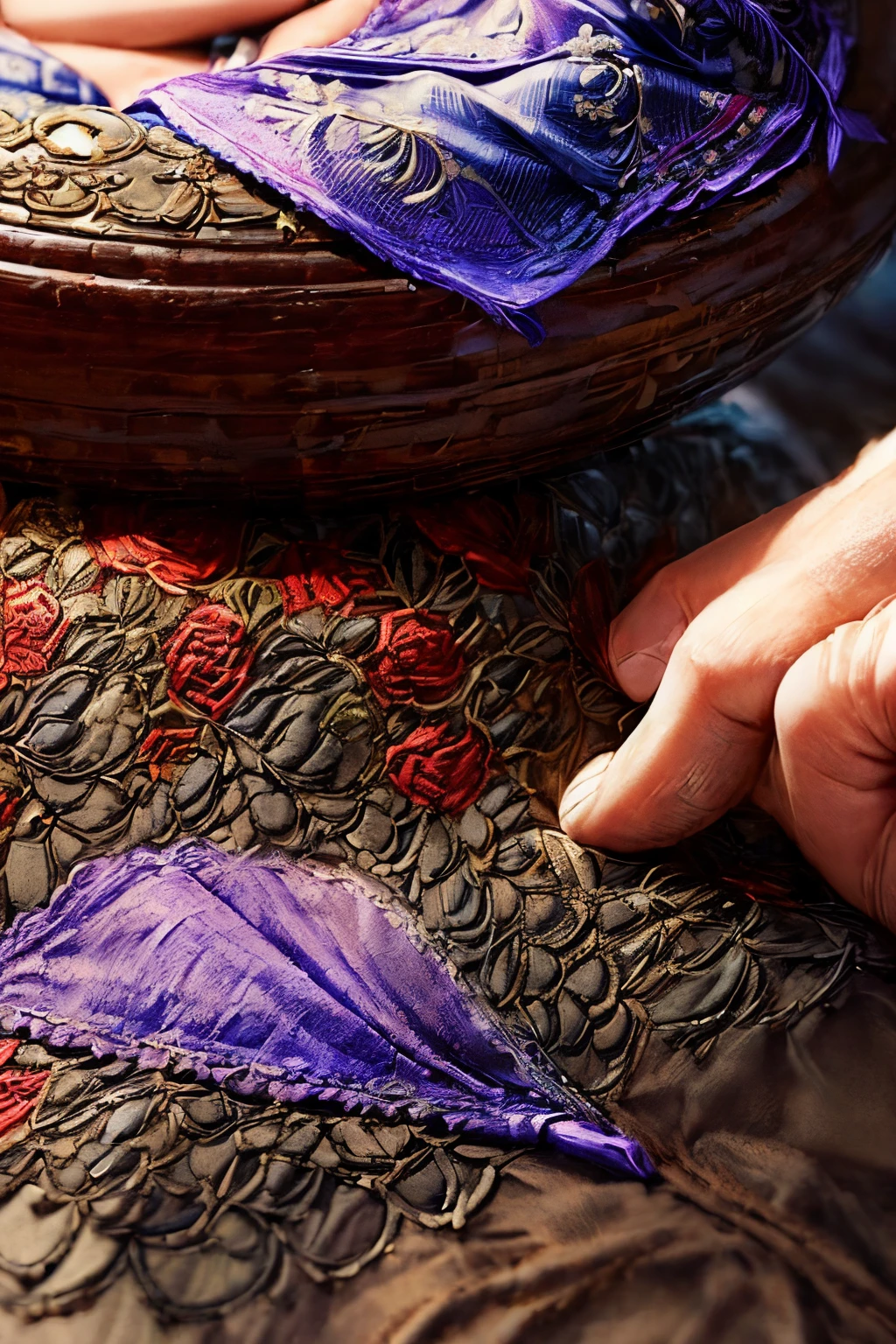 (Close-up of handkerchief:1.8) embroidered with roses