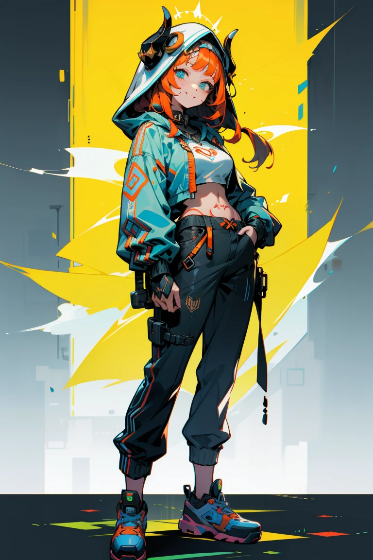 doom \(league of legend\), 1girl huge,pixar-style, Smilingly,Alone, woven, Double up braid, (blue long hair), Surprised eyes,tattoo is, (opens his eyes wide:0.9),See the audience, arm tattoos, medium, lookingat_Shown in_peeking at the viewer, short_the hair, mitts, navel, fail, blue_There are eyes, everlasting, full_body, arma, footwear, collars, Black_mitts, septum, hooded, the hair_exceed_Yoon_There are eyes, guns, cropper_top, hoody, Black_trouser, athletic sneakers, fail_, cropped_jaket, Ed_Shown in_pocket, cyber punk personage, cropped_hoody