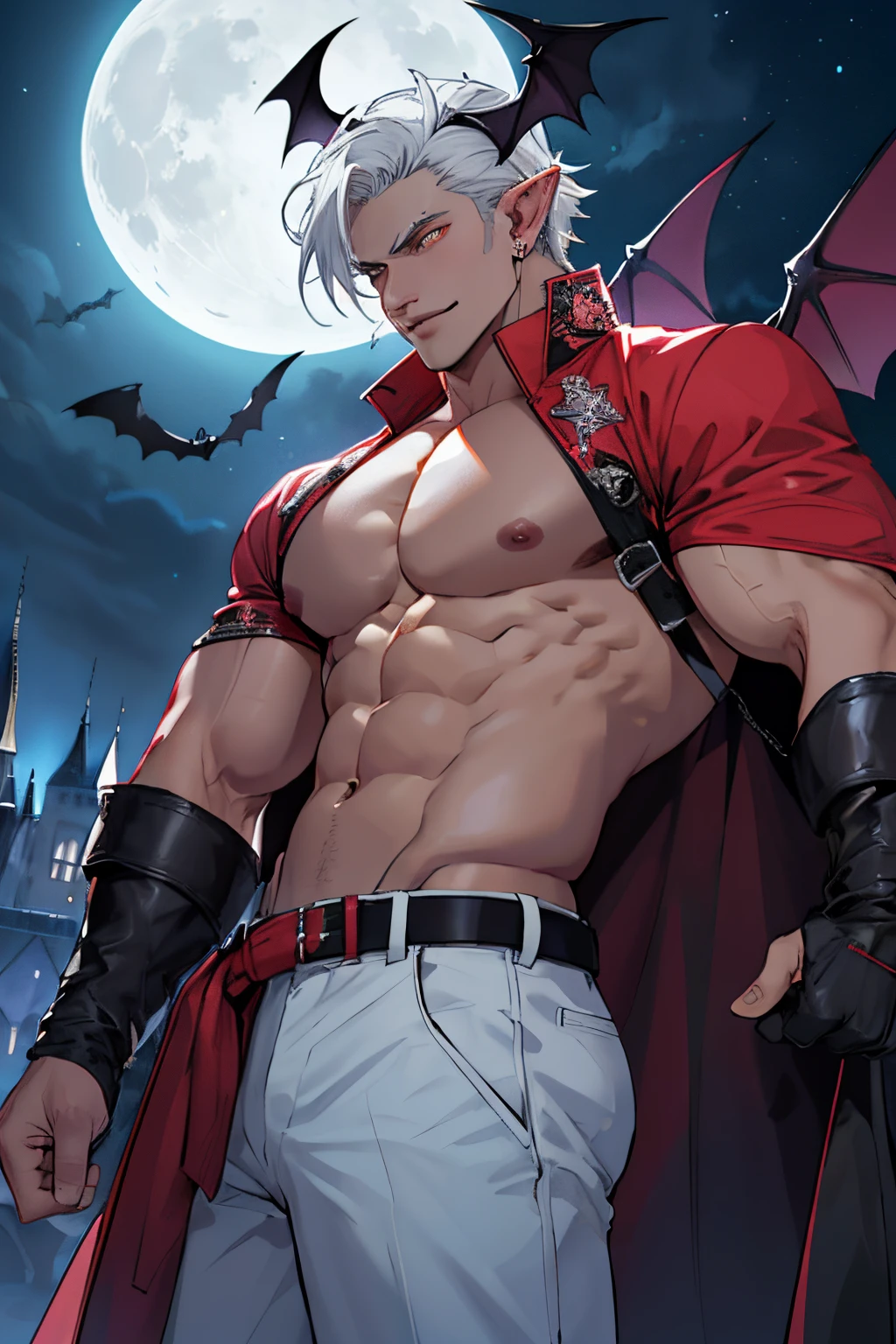 Male,male body,muscle,muscular,shirtless ,top less,8k,add_detail,best quality,sharp focus,masterpiecedetail eyes,extreme detail,super detail,vibrant colors,cinematic,high quality,4k,white skin,hand some ,fit,abs,six pack,Big muscle,gym,lower_body,upper body,close shot,close-up,front view,short hair,hot guy,guy,tall,front ,sexy male,sexy face,sexy pose,boyfriend ,vampire,demon,night,dark night,full moon,fantasy world,castle,in the castle ,fangs , fangs, masterpiecedetail body,perfect body,bat wings,elf ears , overcoat, formal dress, King's outfit,glowing eyes ,golden rings,luxury belt,luxury outfit ,,white hair,luxury pants ,moon light ,luxurious ,bats in the night sky ,in side ,Tran from,extremely tran from,strong neck,human bat,big bat wings,Ear piercing