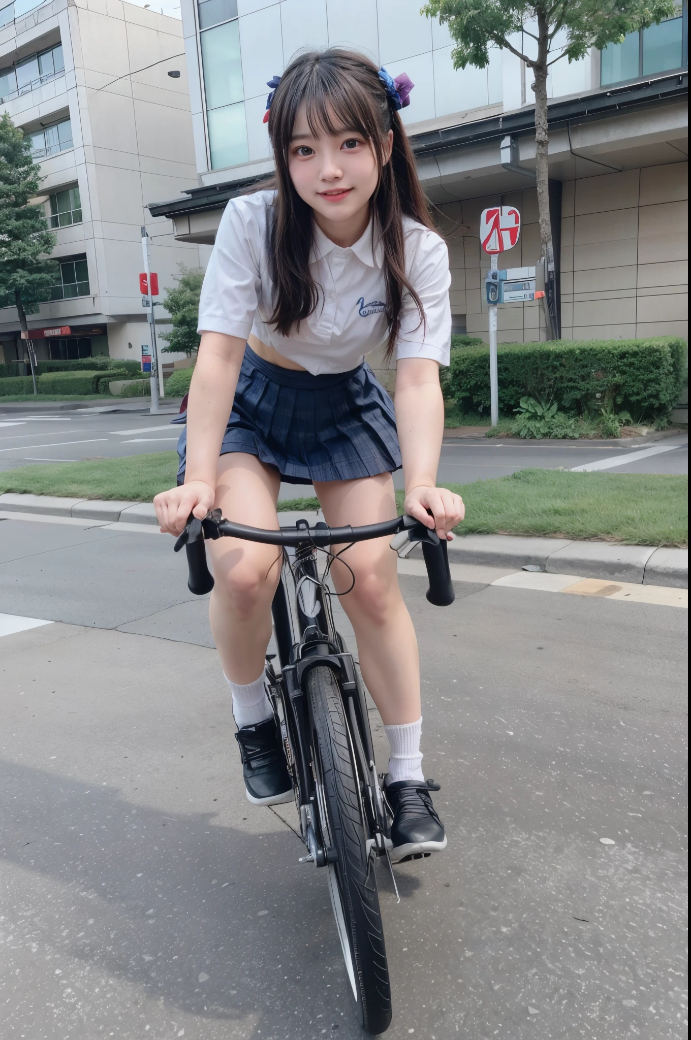 Raw photo,Best Quality, ​master piece,High resolution,Detailed,(Photorealsitic:1.4),Well-defined contours,Riding a bicycle to school、 Perfect uniform、Cute 15 year old girl in Japan、Japanese ido、(Perfect facial features：1.4),(Perfect fingers),(perfect leg),(A smile:1.3)、Looking at Viewer,perfect hair,round iris,rounded pupils,Realistic skin texture,pores,The perfect bike、perfect handle,perfect saddle,((Full body portrait)),sunlights,realistic shadow,Realistic background,Cinematic lighting,