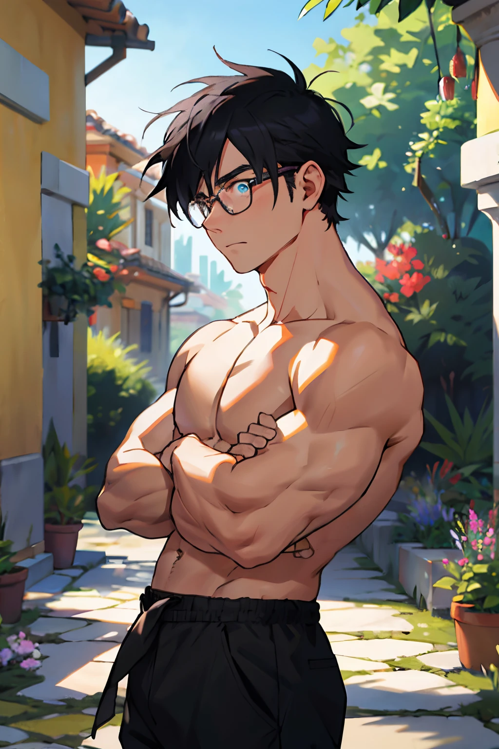 （tmasterpiece，Best quality at best，absurd res），1人，Naked boys，topless， ((Disinterested expression))  arms at sides, handsome boy, backgrounds, musculous，Detailed eyes，nakeness，(nakeness)，eBlue eyeare topless，Upper body body，（fluorescent light），（a color），（（Greek garden with columns: 1.2, ））, 1 5 years old, 1 5 years old, 1 5 years old, black hair, wearing glasses