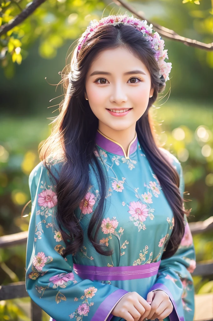 traditional clothes ,dark purple ao dai, ao dai, vietnamese girl, vietnam, vietnamese, satin, pretty girl, wide smile , long hair, Realistic lighting, delicate face, cute expression, Body perfect anatomy,Top Quality, 8K Resolution , full body , realistic , real human , High quality, shiny ao dai  , realistic , Cinematic, Aesthetic , satin aodai, 27 year old girl, detailed and beautiful face and eyes,beautiful woman, floral patterns, flowers, flower design, flower pattern, cute woman, traditional ao dai