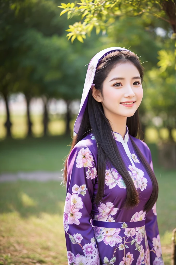 traditional clothes ,dark purple ao dai, ao dai, vietnamese girl, vietnam, vietnamese, satin, pretty girl, wide smile , long hair, Realistic lighting, delicate face, cute expression, Body perfect anatomy,Top Quality, 8K Resolution , full body , realistic , real human , High quality, shiny ao dai , realistic , Cinematic, Aesthetic , satin aodai, 27 year old girl, detailed and beautiful face and eyes,beautiful woman, floral patterns, flowers, flower design, flower pattern, cute woman, traditional ao dai
