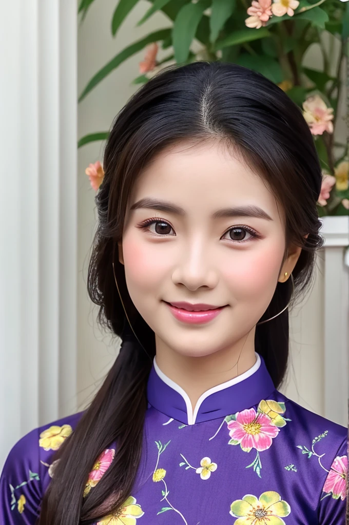 traditional clothes ,dark purple ao dai, ao dai, vietnamese girl, vietnam, vietnamese, satin, pretty girl, wide smile , long hair, Realistic lighting, delicate face, cute expression, Body perfect anatomy,Top Quality, 8K Resolution , full body , realistic , real human , High quality, shiny ao dai  , realistic , Cinematic, Aesthetic , satin aodai, detailed and beautiful face and eyes,beautiful woman, floral patterns, flowers, flower design, flower pattern, cute woman, traditional ao dai