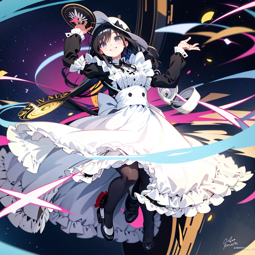 Black-haired anime girl in a maid outfit, White Brim、Bright smile、face of a ***********