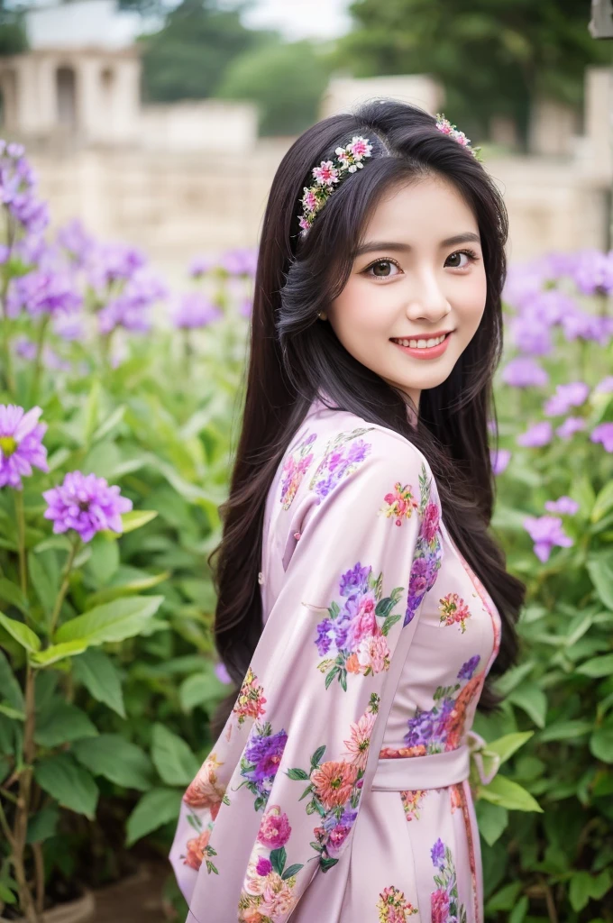 traditional clothes ,dark purple ao dai, ao dai, vietnamese girl, vietnam, vietnamese, satin, pretty girl, wide smile , long hair, Realistic lighting, delicate face, cute expression, Body perfect anatomy,Top Quality, 8K Resolution , full body , realistic , real human , High quality, shiny ao dai , realistic , Cinematic, Aesthetic , satin aodai, detailed and beautiful face and eyes,beautiful woman, floral patterns, flowers, flower design, flower pattern, cute woman, traditional ao dai