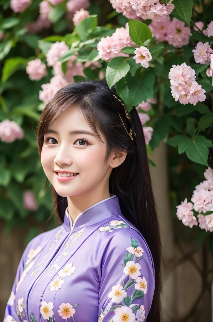 traditional clothes ,dark purple ao dai, ao dai, vietnamese girl, vietnam, vietnamese, satin, pretty girl, wide smile , long hair, Realistic lighting, delicate face, cute expression, Body perfect anatomy,Top Quality, 8K Resolution , full body , realistic , real human , High quality, shiny ao dai  , realistic , Cinematic, Aesthetic , satin aodai, detailed and beautiful face and eyes,beautiful woman, floral patterns, flowers, flower design, flower pattern, cute woman, traditional ao dai