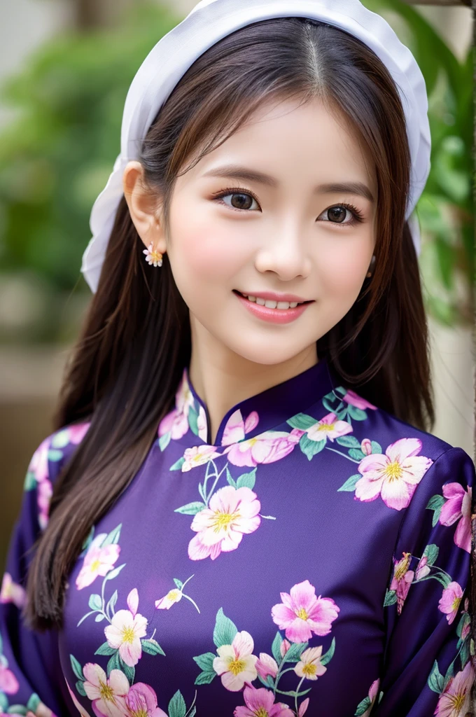 traditional clothes ,dark purple ao dai, ao dai, vietnamese girl, vietnam, vietnamese, satin, pretty girl, wide smile , long hair, Realistic lighting, delicate face, cute expression, Body perfect anatomy,Top Quality, 8K Resolution , full body , realistic , real human , High quality, shiny ao dai  , realistic , Cinematic, Aesthetic , satin aodai, detailed and beautiful face and eyes,beautiful woman, floral patterns, flowers, flower design, flower pattern, cute woman, traditional ao dai