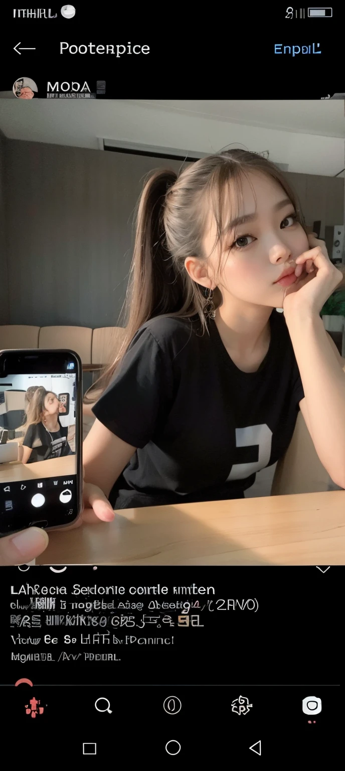 there is a woman sitting at a table with a cell phone, Fotografia selfie 8k, E - Menina, e-menina, iphone selfie, with apple, Lalisa Manobal, Rosto com ArtGram, Modelo do Instagram, Ulzzang, jennie blackpink, imagem do iphone, foto portait foto de perfil, foto profissional do iphone, Lalisa Manoban do Blackpink