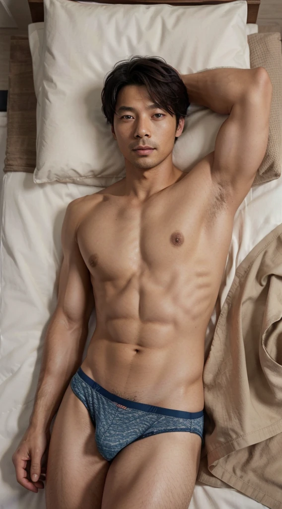 Korean Men, Gong Yoo, 35 years old, good figure, Blue Eyes, Small eyes, Slightly brown hair.. A man with a handsome face,handsome,sharp face, fine body, Big muscles......,Wear panties............, No shirt.....................,Wear panties.........Wear underwear, man'boxer, medium to large sized target.... Very naked........ bag, There was a large bulge in the middle of the panties., Like a real person....... topless, lyin in bed. ,masculine, Gong Yoo, 35 years old, humans like it......, lifelike, Realistic, 50K high resolution photos from a Canon camera