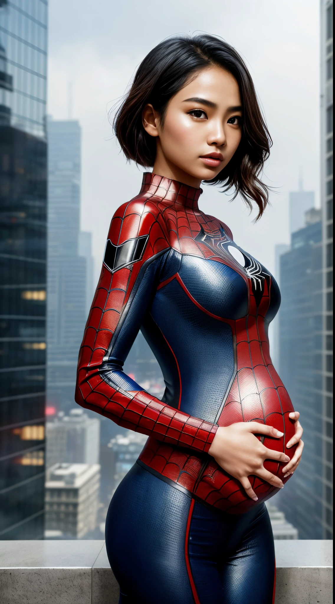 (1 malay girl:1.3), Solo, (((Very detailed face)))), ((Very detailed eyes and face)))), Beautiful detail eyes, Body parts__, Official art, Unified 8k wallpaper, Super detailed, beautiful and beautiful, beautiful, masterpiece, best quality, original, masterpiece, super fine photo, best quality, super high resolution, realistic realism, sunlight, full body portrait, amazing beauty, dynamic pose, delicate face, vibrant eyerom the front), She wears Spider-Man suit, red and black color scheme, spider, Pregnant women, (pregnant),detailed city roof background, rooftop, overlooking the city, detailed face, detailed complex busy background, messy, gorgeous, milky white, highly detailed skin, realistic skin details, visible pores, clear focus, volumetric fog, 8k uhd, DSLR, high quality, film grain, fair skin, photo realism, lomography, futuristic dystopian megalopolis, translucent