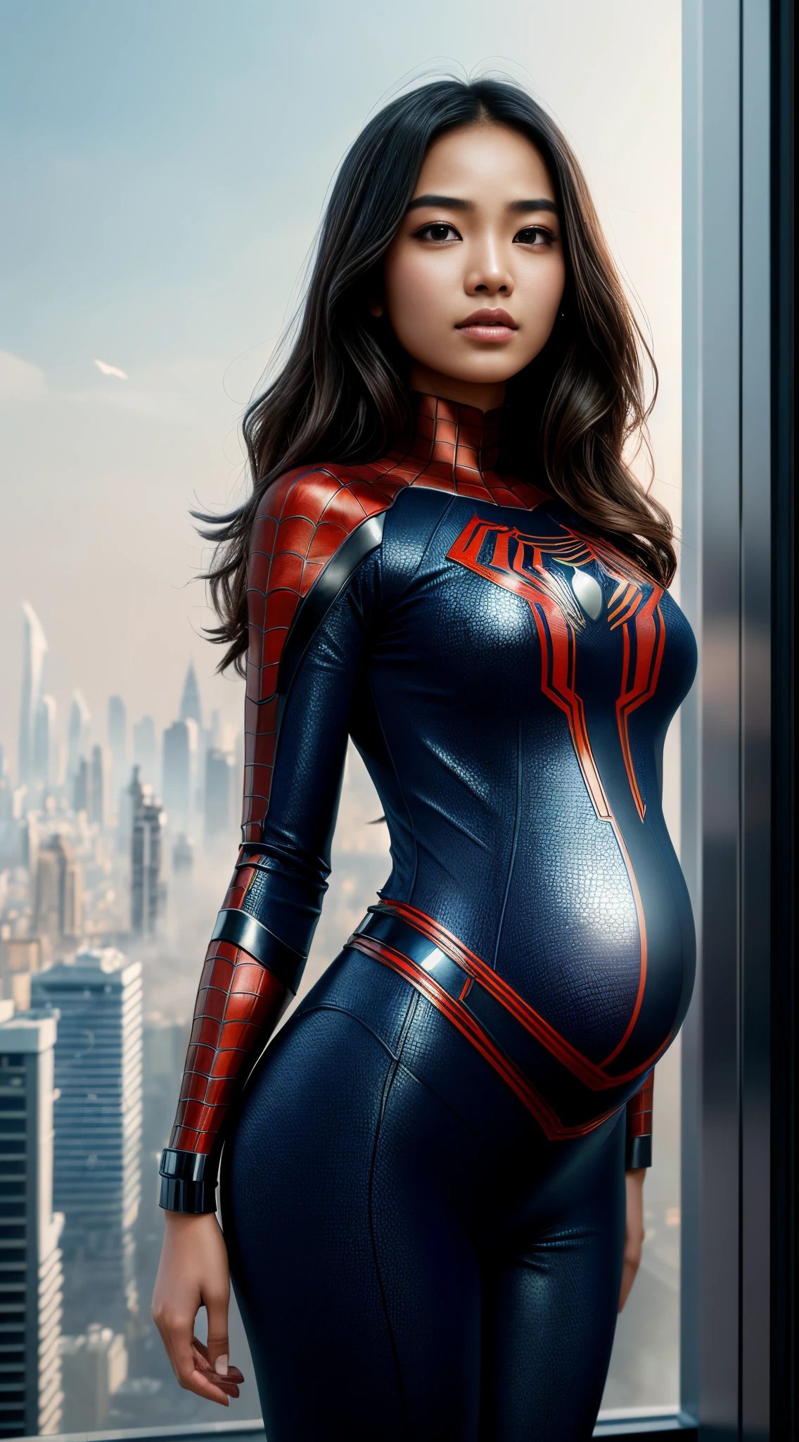 (1 malay girl:1.3), Solo, (((Very detailed face)))), ((Very detailed eyes and face)))), Beautiful detail eyes, Body parts__, Official art, Unified 8k wallpaper, Super detailed, beautiful and beautiful, beautiful, masterpiece, best quality, original, masterpiece, super fine photo, best quality, super high resolution, realistic realism, sunlight, full body portrait, amazing beauty, dynamic pose, delicate face, vibrant eyerom the front), She wears Spider-Man suit, red and black color scheme, spider, Pregnant women, (pregnant),detailed city roof background, rooftop, overlooking the city, detailed face, detailed complex busy background, messy, gorgeous, milky white, highly detailed skin, realistic skin details, visible pores, clear focus, volumetric fog, 8k uhd, DSLR, high quality, film grain, fair skin, photo realism, lomography, futuristic dystopian megalopolis, translucent