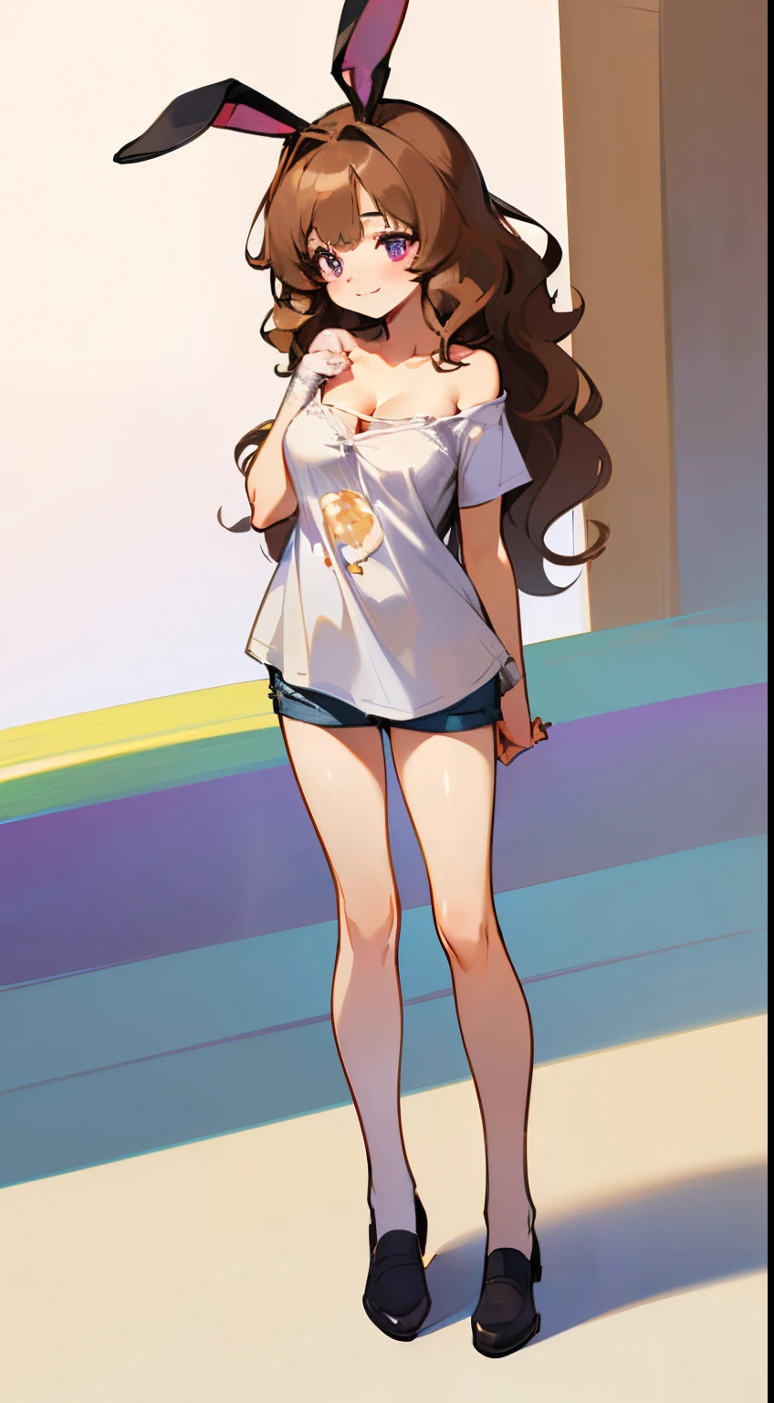 Cute, (1 girl:1.1), Solo, (light brown hair:1.3), (Medium Hair:1.5), Wavy Hair, Purple eyes, Happy face,Upper Eyes, (Rabbit ears:1.4), (Rabbit tail:1), (White Shoulder T-Shirt:1.6), (Chibi:1.0), (up chest:1.4), (cleavage:1.4), (full body Esbian:1.5), (low angles:1.7),(standing in park:1.5), (pull the hem of a long shirt:1.5), shortpants