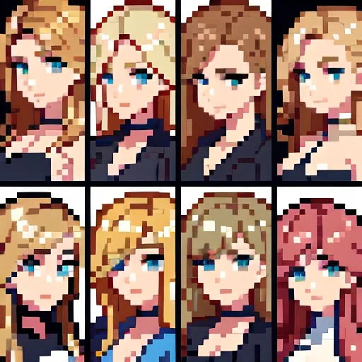 8 personagens femininas peladas, posando e cada uma com um estilo diferente e cabelos com estilos diferentes, they are very separate from each other.