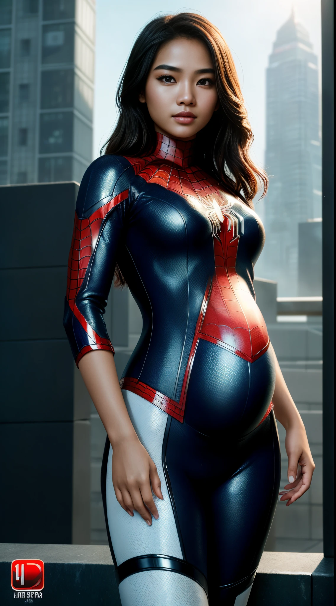 (1 malay girl:1.3), Solo, (((Very detailed face)))), ((Very detailed eyes and face)))), Beautiful detail eyes, Body parts__, Official art, Unified 8k wallpaper, Super detailed, beautiful and beautiful, beautiful, masterpiece, best quality, original, masterpiece, super fine photo, best quality, super high resolution, realistic realism, sunlight, full body portrait, amazing beauty, dynamic pose, delicate face, vibrant eyerom the front), She wears Spider-Man suit, red and black color scheme, spider, Pregnant women, (pregnant),detailed city roof background, rooftop, overlooking the city, detailed face, detailed complex busy background, messy, gorgeous, milky white, highly detailed skin, realistic skin details, visible pores, clear focus, volumetric fog, 8k uhd, DSLR, high quality, film grain, fair skin, photo realism, lomography, futuristic dystopian megalopolis, translucent