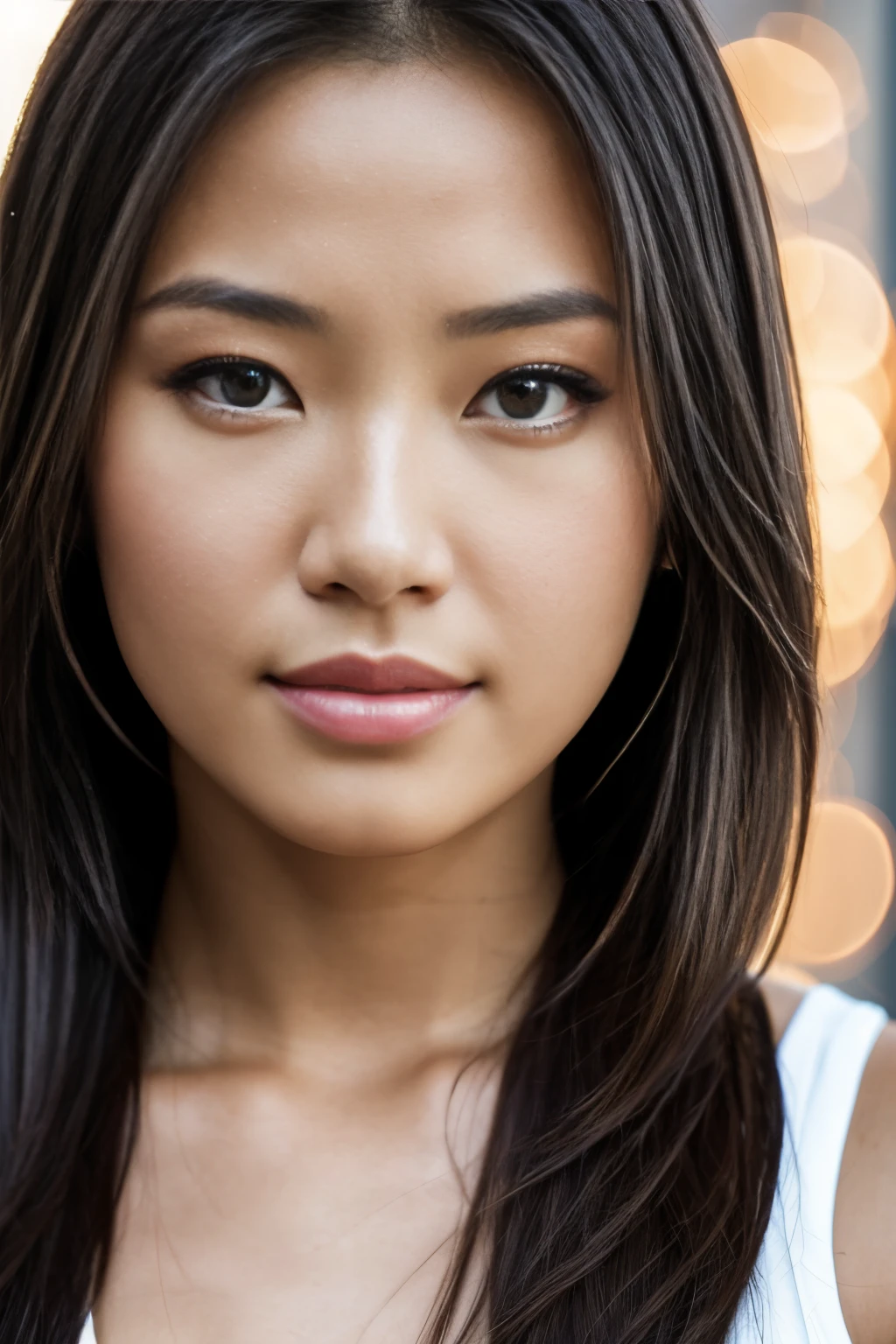 a close-up of a person, a beautiful model girl, a portrait, a full face and body portrait, a Sony lens, the face is well lit, desirable, slight smile, Russian and Japanese mix, tanned skin), advertising lighting, female main character, short to mid-length hair, Lalisa Manobal, 500px photos