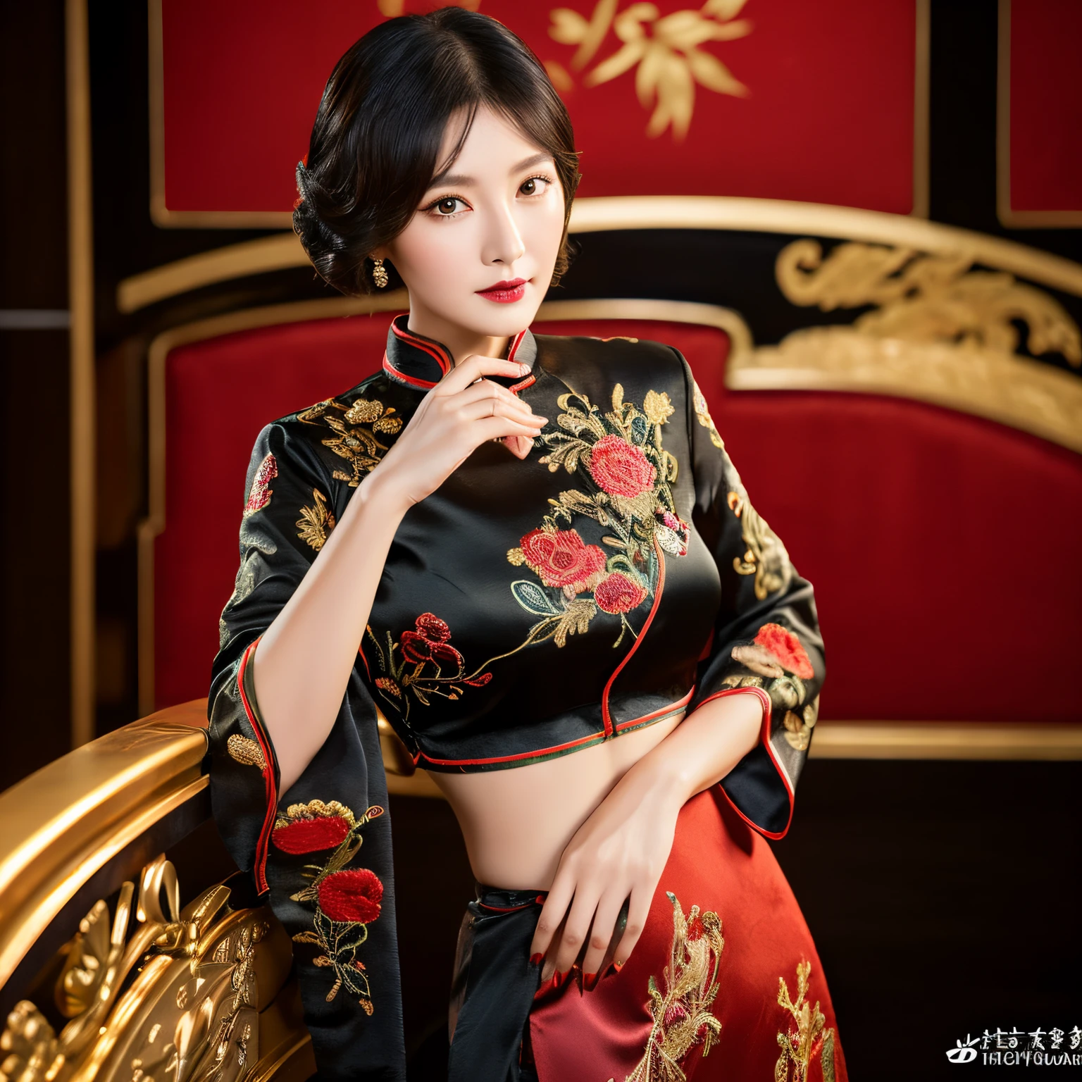 finest image, 8k, RAW photo, realistic, detailed, delicate, flashy and dynamic depiction, satin silk black cheongsam, iridescent golden luxury embroidery, (detailed and delicate depiction embroidery:1.4), beautiful woman, glossy black straight hair, gold sharp eyes, red thick lips, perfect proportion, background red room
