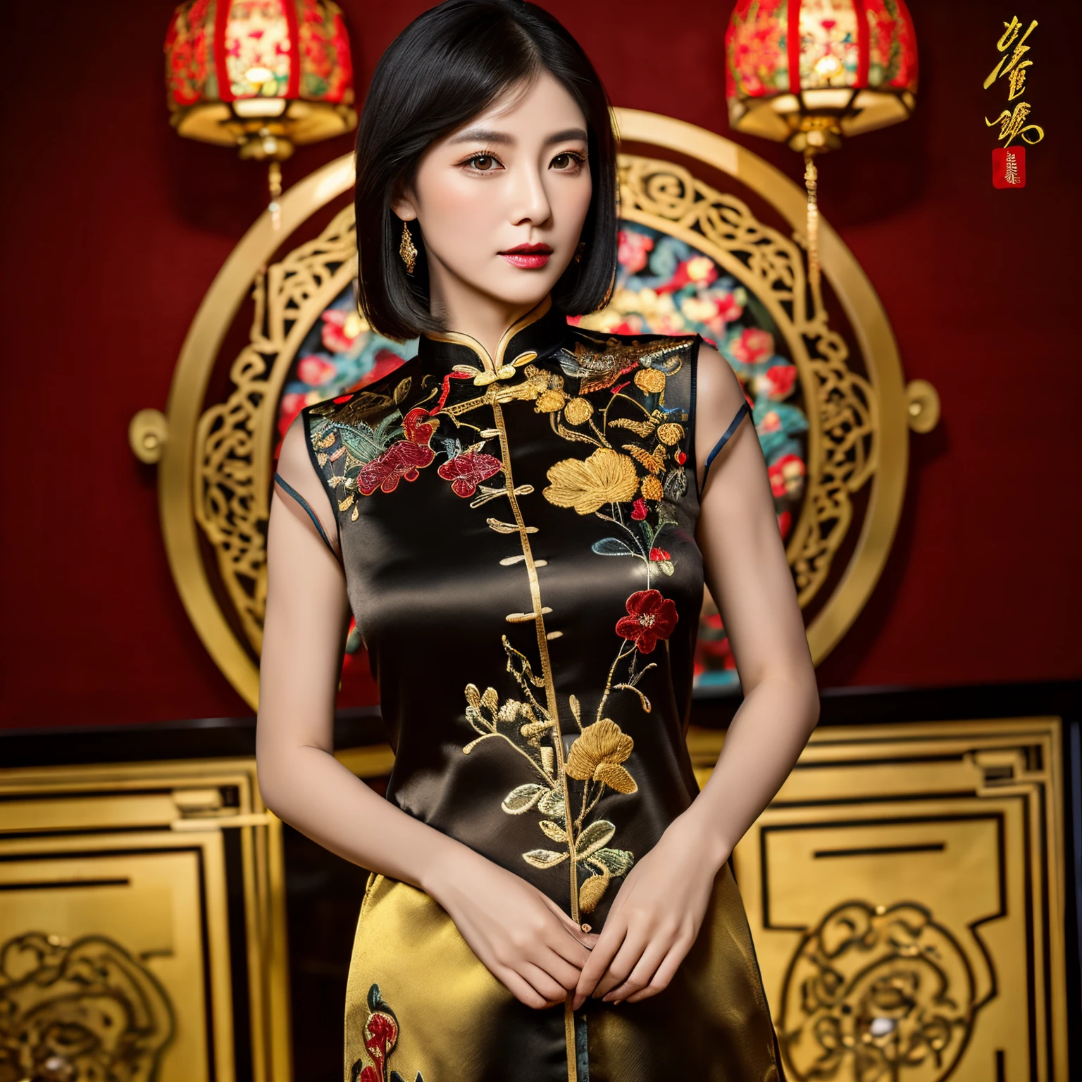 finest image, 8k, RAW photo, realistic, detailed, delicate, flashy and dynamic depiction, satin silk black cheongsam, iridescent golden luxury embroidery, (detailed and delicate depiction embroidery:1.4), beautiful woman, glossy black straight hair, gold sharp eyes, red thick lips, perfect proportion, background red room