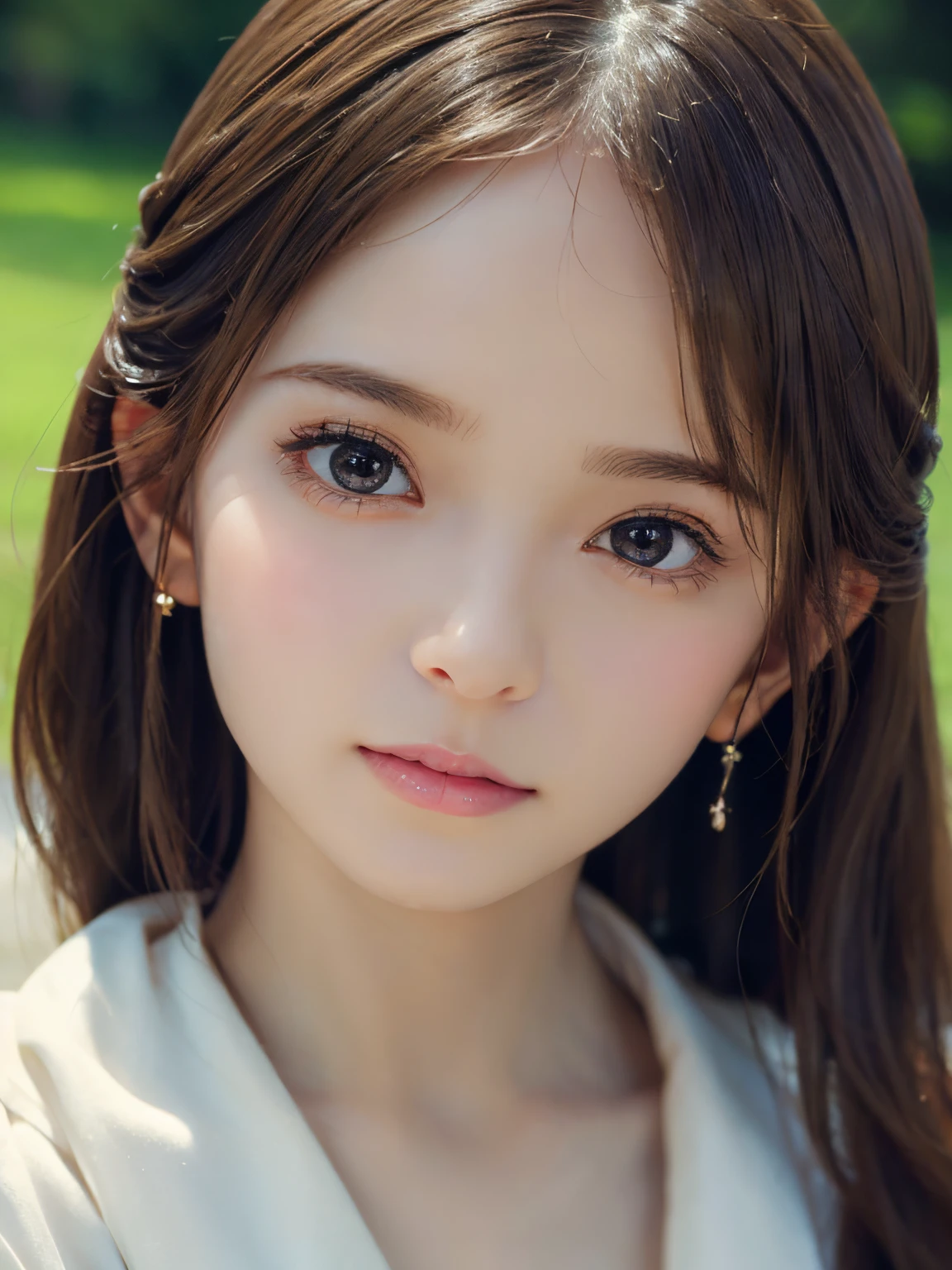 Close-up portrait of a woman in a brown dress and earrings, soft portrait shot 8 k, lovely delicate face, high-quality 4k portrait, high quality portrait, soft flawless pale skin, 8K highly detailed face, Beautiful delicate face, beautiful light big eyes, beautiful and realistic faces, beautiful young woman with, beautiful and realistic faces, cute young woman
