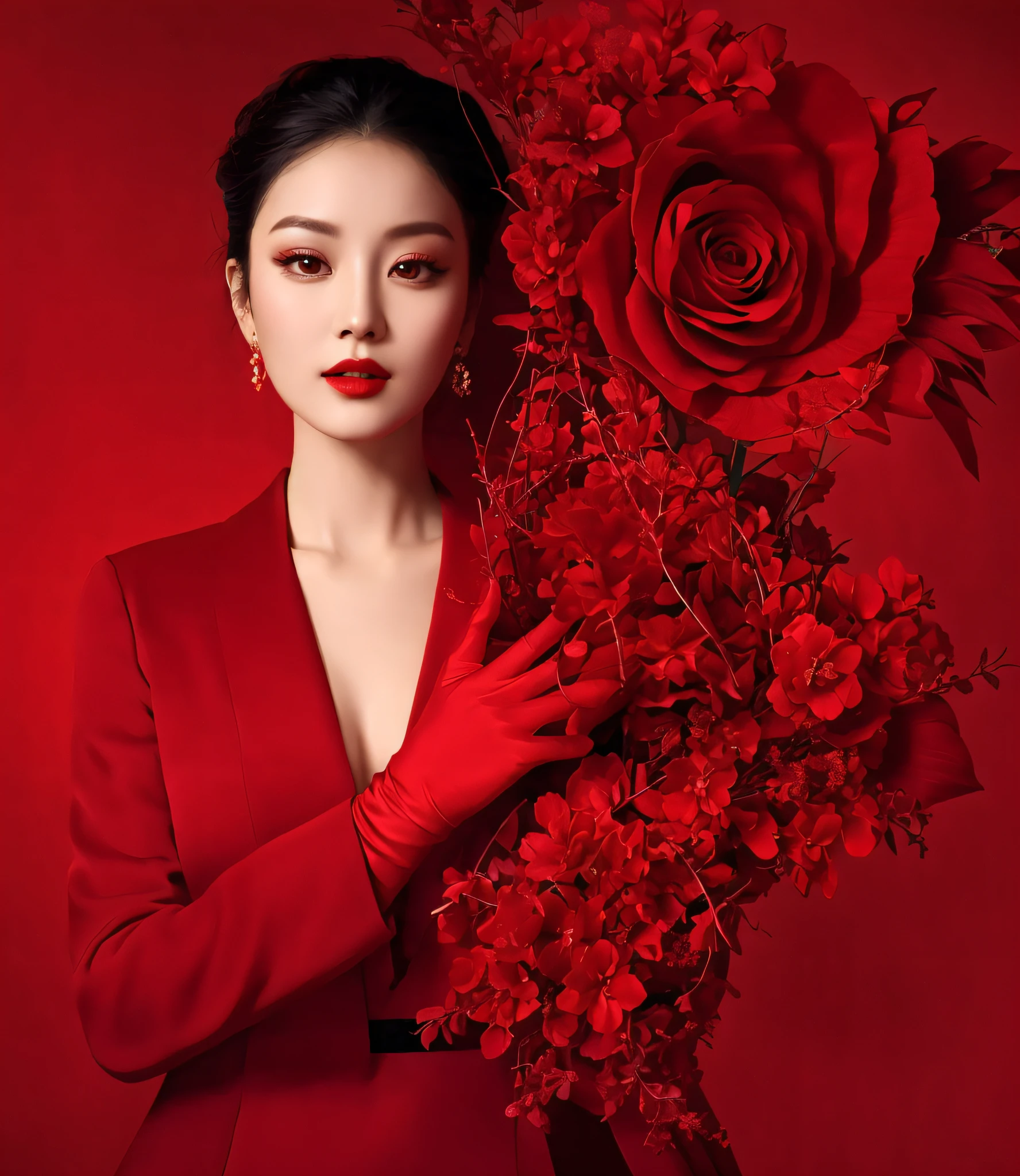 Fide woman in red dress holding a bouquet of red flowers, rich red colors, jingna zhang, all red, red mood in background, Vibrant red, red adornments, very red color, red tint, Red is the main color, only red colour, Red clothes, Shades of red, rich red, wearing red clothes, wearing red clothes