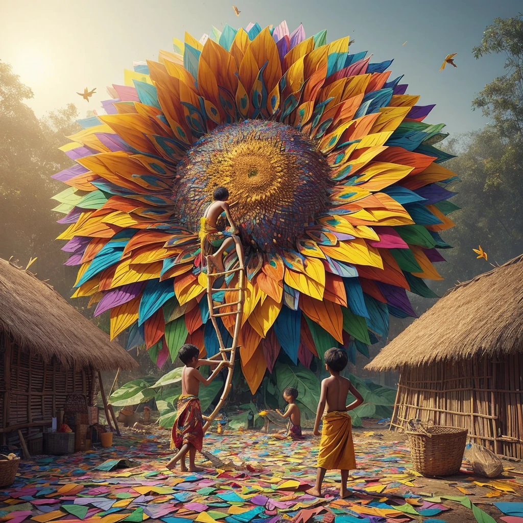 Surreal photo art masterpiece 3D Render UHD, a large, half-finished sunflower made from scraps of colorful paper is being assembled by 2 small village youths wearing sarongs.