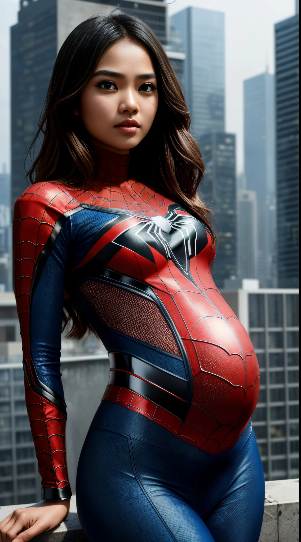 (1 malay girl:1.3), Solo, (((Very detailed face)))), ((Very detailed eyes and face)))), Beautiful detail eyes, Body parts__, Official art, Unified 8k wallpaper, Super detailed, beautiful and beautiful, beautiful, masterpiece, best quality, original, masterpiece, super fine photo, best quality, super high resolution, realistic realism, sunlight, full body portrait, amazing beauty, dynamic pose, delicate face, vibrant eyerom the front), She wears Spider-Man suit, red and black color scheme, spider, Pregnant women, (pregnant),detailed city roof background, rooftop, overlooking the city, detailed face, detailed complex busy background, messy, gorgeous, milky white, highly detailed skin, realistic skin details, visible pores, clear focus, volumetric fog, 8k uhd, DSLR, high quality, film grain, fair skin, photo realism, lomography, futuristic dystopian megalopolis, translucent