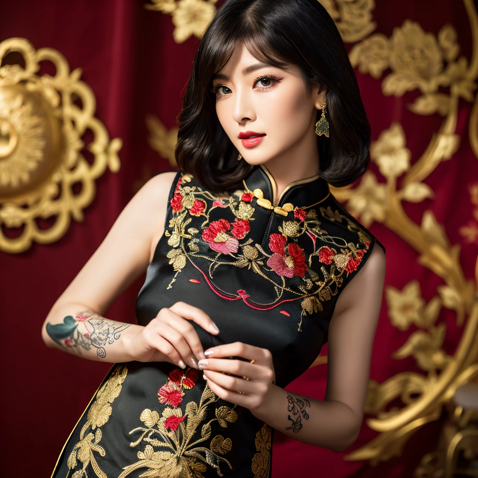 finest image, 8k, RAW photo, realistic, detailed, delicate, flashy and dynamic depiction, satin silk black cheongsam, iridescent golden luxury embroidery, (detailed and delicate depiction embroidery:1.4), beautiful woman, glossy black straight hair, gold sharp eyes, red thick lips, perfect proportion, background red room