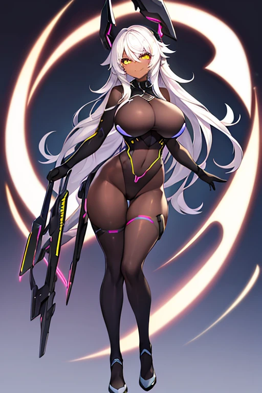 1girl, dark-skinned female, dark skin, white hair, long hair, large breasts, breasts, wide hips, yellow eyes, smile, smirk, smug, bodysuit, black bodysuit, white trim, sleeveless, black pantyhose, pantyhose, white neon trim, neon trim, futuristic, tech, science-fiction, machinery, full body, ((full body)), spear