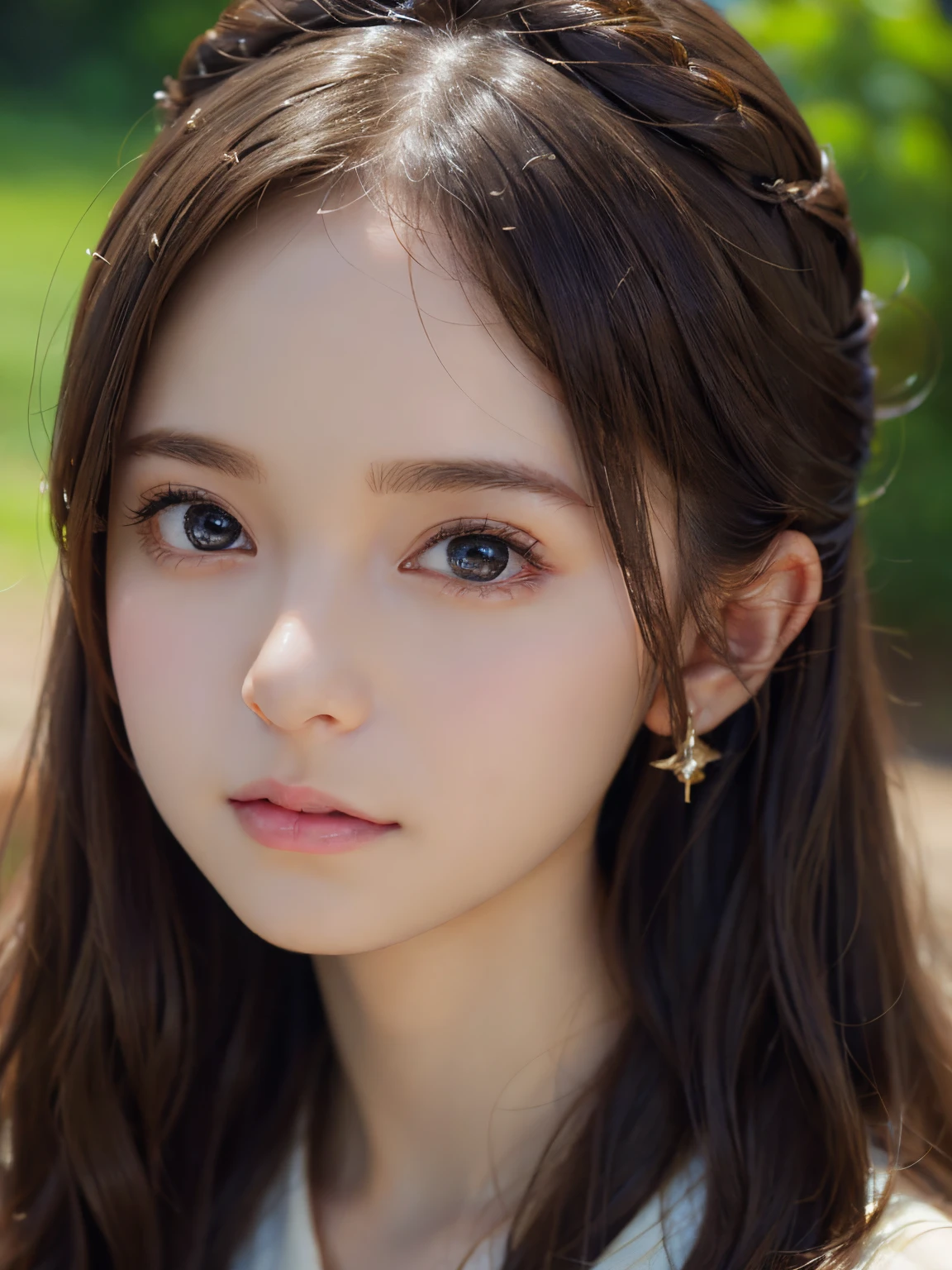 Close-up portrait of a woman in a brown dress and earrings, soft portrait shot 8 k, lovely delicate face, high-quality 4k portrait, high quality portrait, soft flawless pale skin, 8K highly detailed face, Beautiful delicate face, beautiful light big eyes, beautiful and realistic faces, beautiful young woman with, beautiful and realistic faces, cute young woman