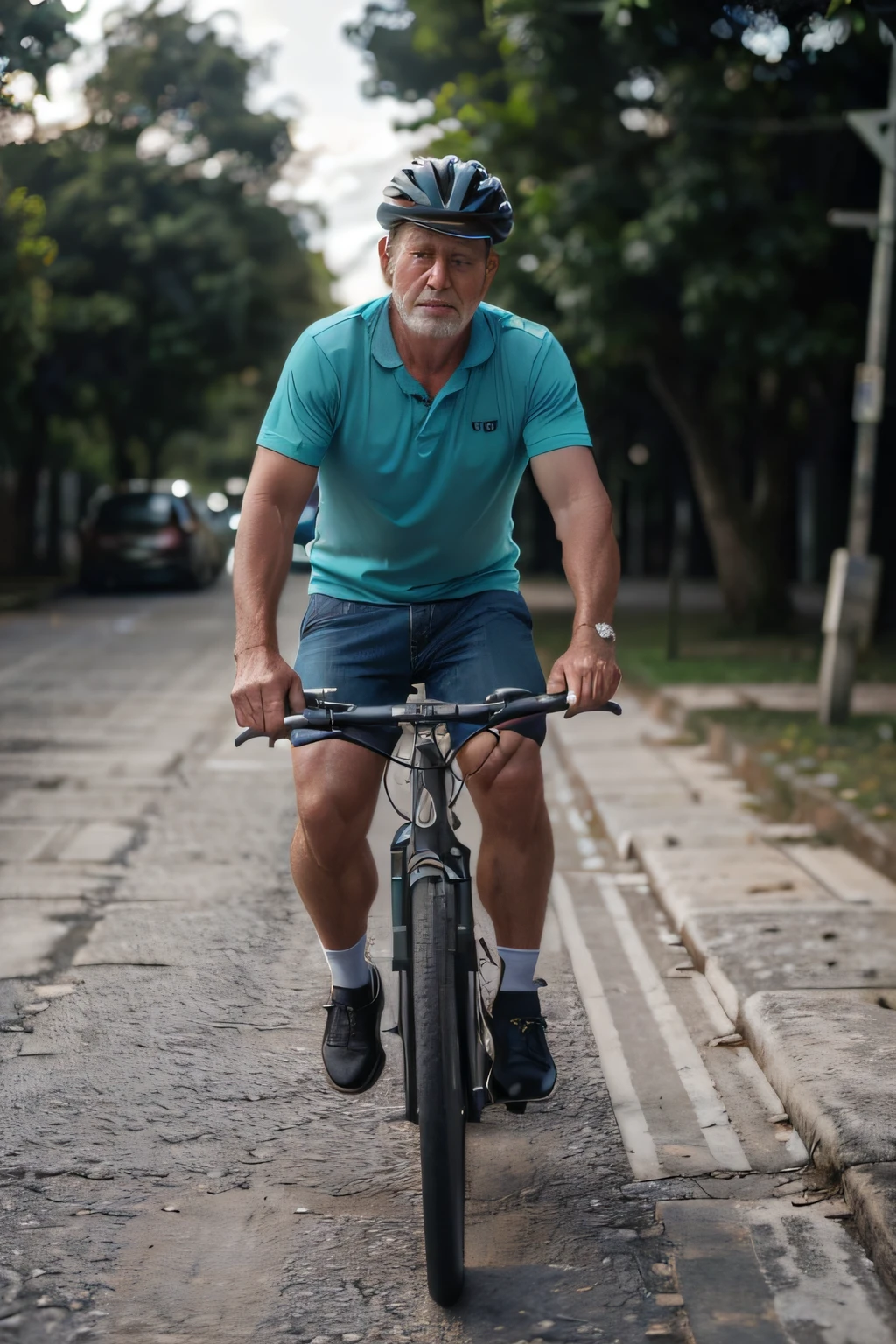 (best quality:1.4), (Ultra Highres:1.2), (fotorrealista:1.4), (8k, Foto RAW:1.2), 1homem Foto de um homem moreno de 50 anos Casual Clothes, Outside, parte superior do corpo, cabelo em um coque, Posando. andando de bicicleta .