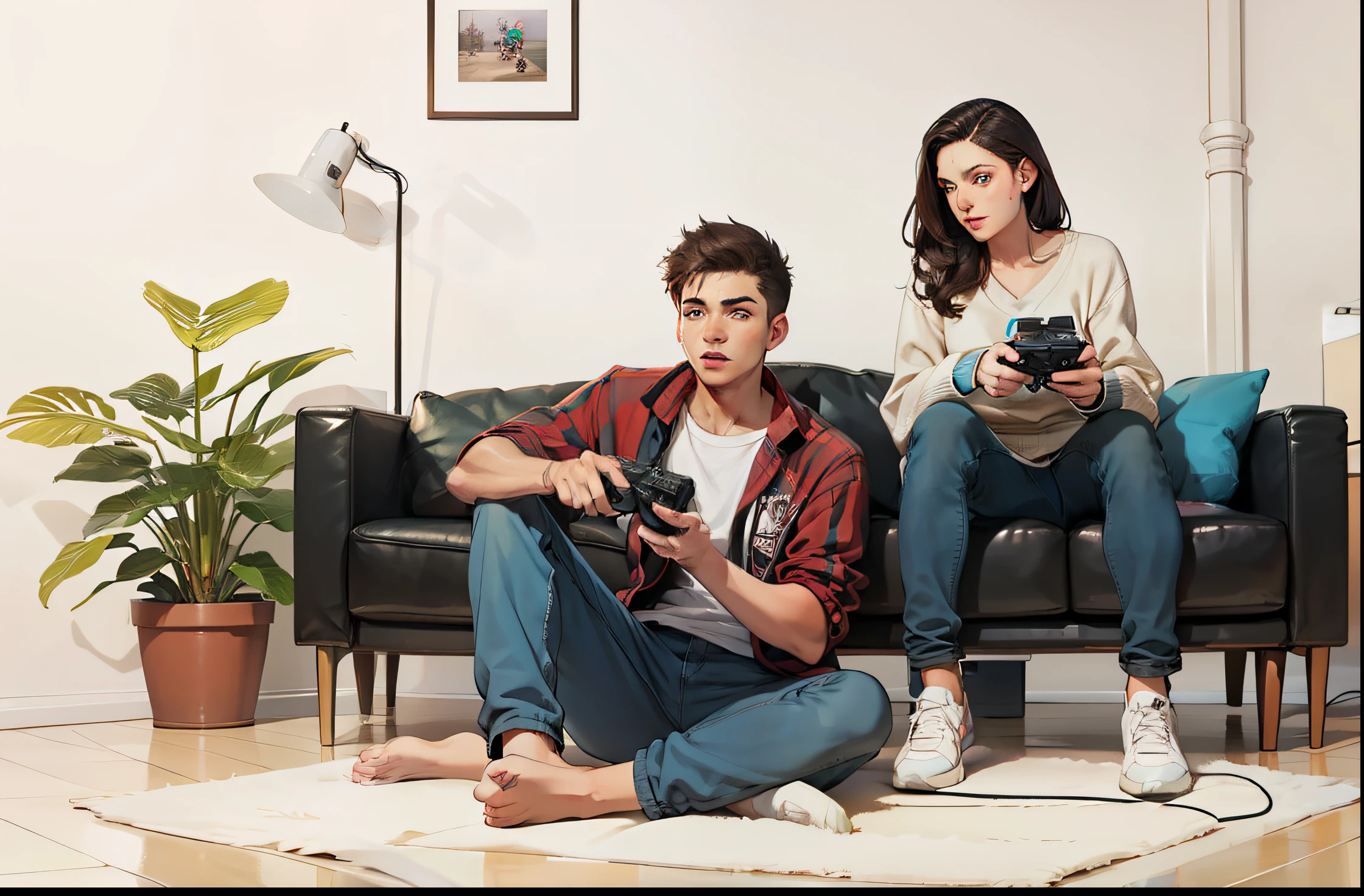 A young man sitting on the living room floor and a young woman sitting on the couch, Both with the video game controller in hand, TV